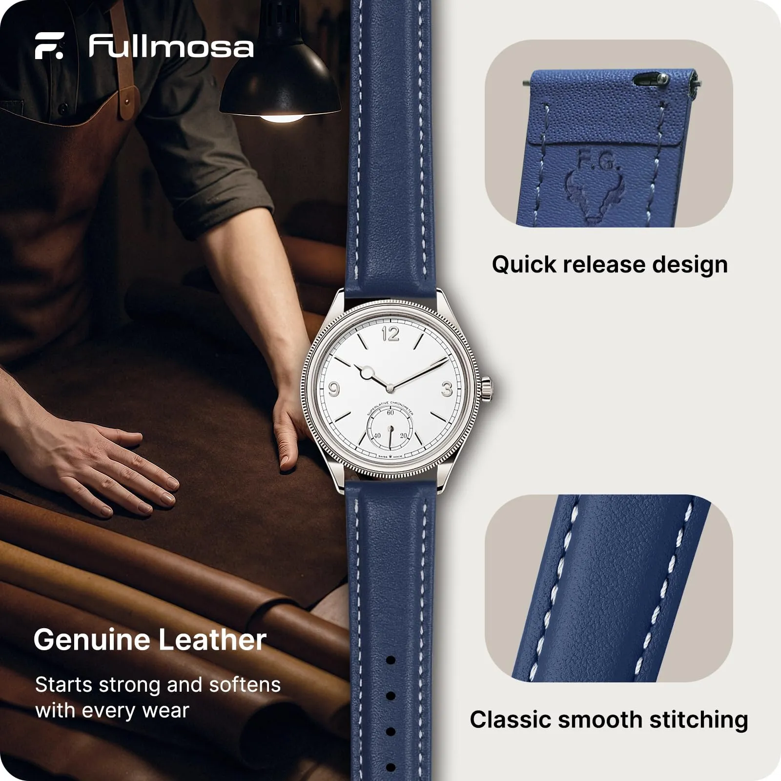 Fullmosa Cinturino per Orologio 16mm in Pelle a Sgancio Rapido, Blu Scuro - immagine 4