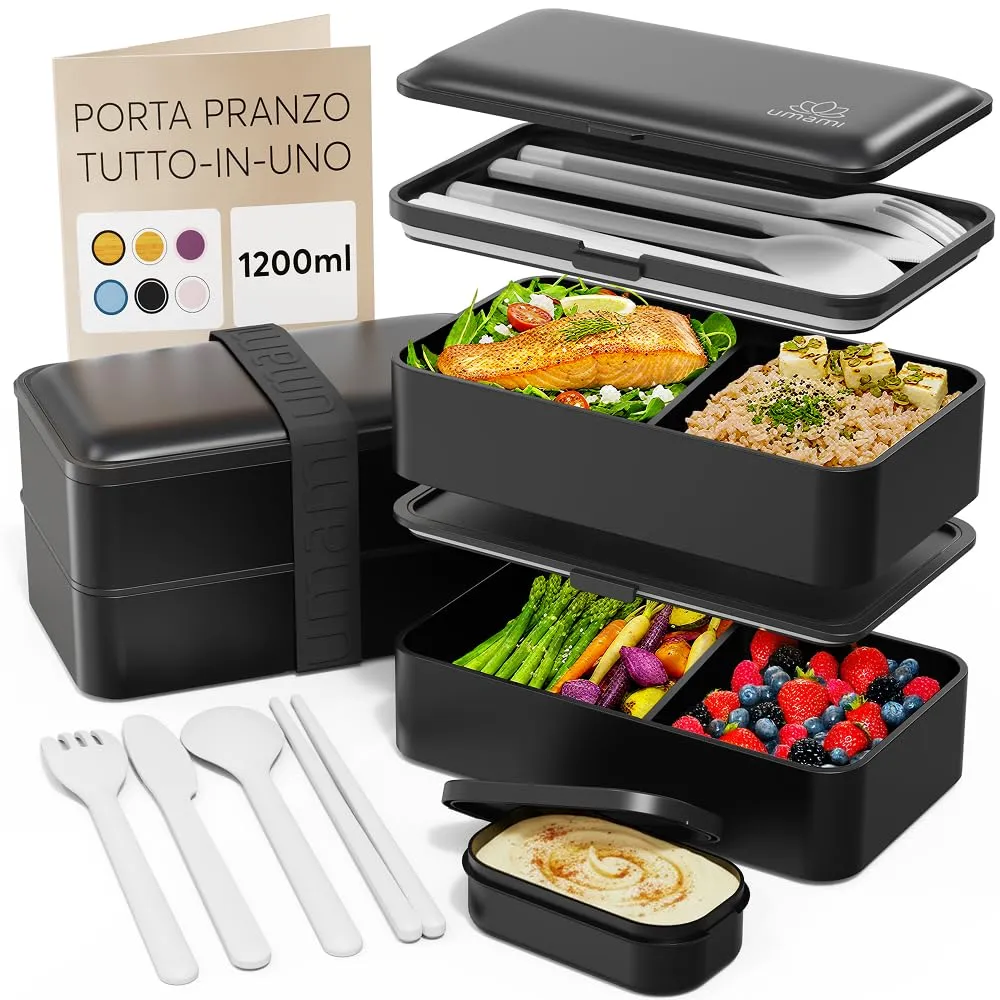 Umami Porta Pranzo Adulti Ermetico Bento Box con Scomparti, 1200 ml, Nero Opaco - immagine 1