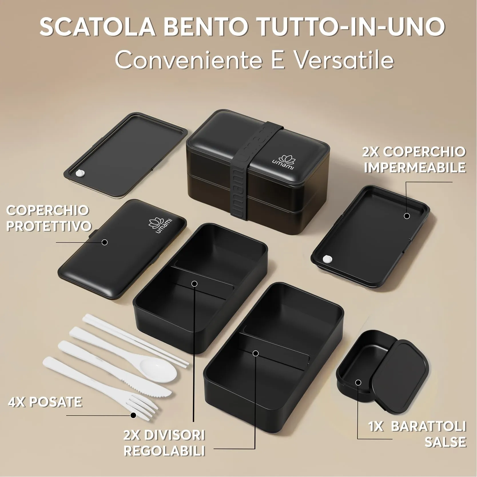 Umami Porta Pranzo Adulti Ermetico Bento Box con Scomparti, 1200 ml, Nero Opaco - immagine 3