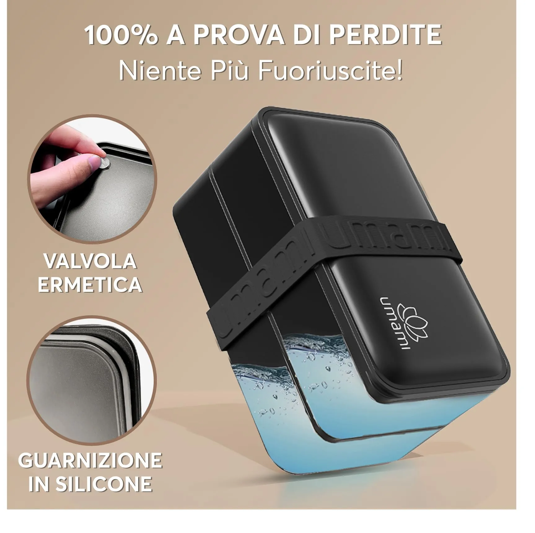 Umami Porta Pranzo Adulti Ermetico Bento Box con Scomparti, 1200 ml, Nero Opaco - immagine 4