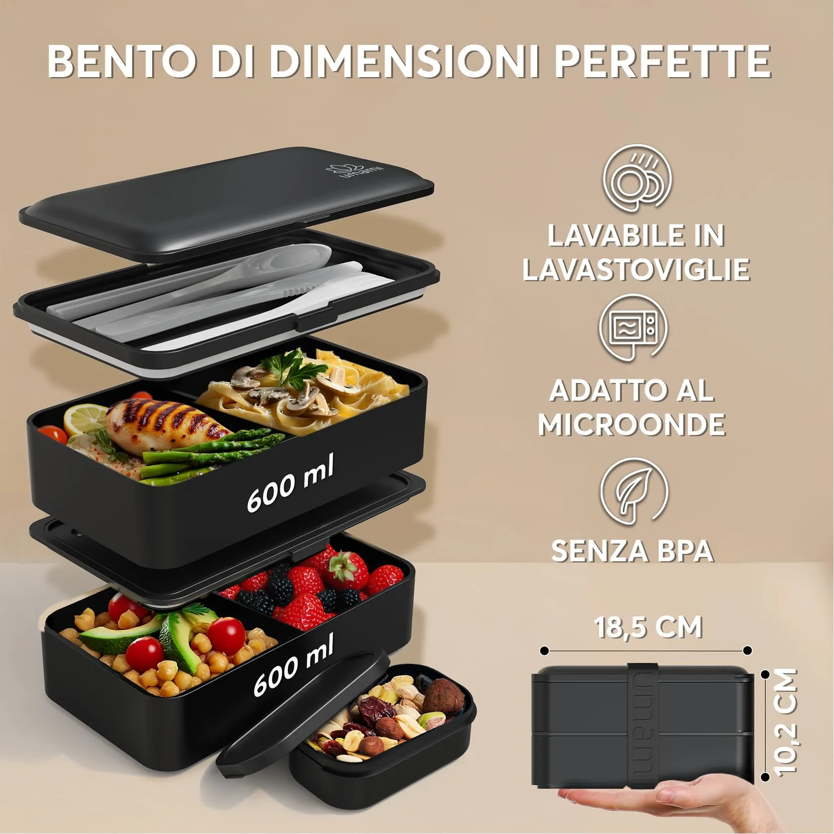 Umami Porta Pranzo Adulti Ermetico Bento Box con Scomparti, 1200 ml, Nero Opaco - immagine 5
