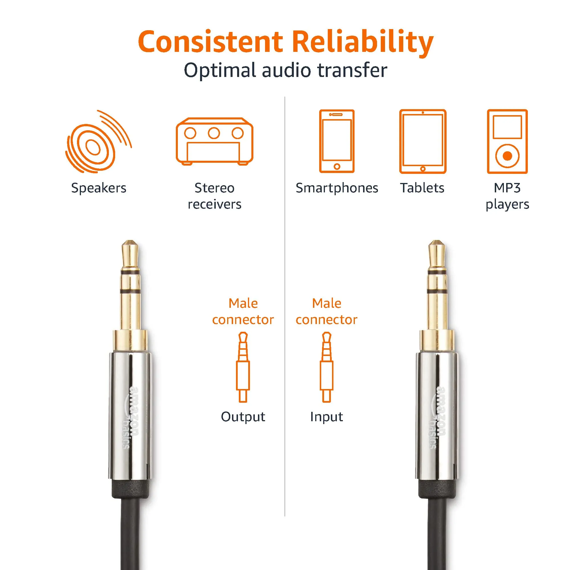 Amazon Basics Auxiliary Cable 3.5mm Male to Male Stereo Audio, 1.2 m, Black, 2 Pack - immagine 4