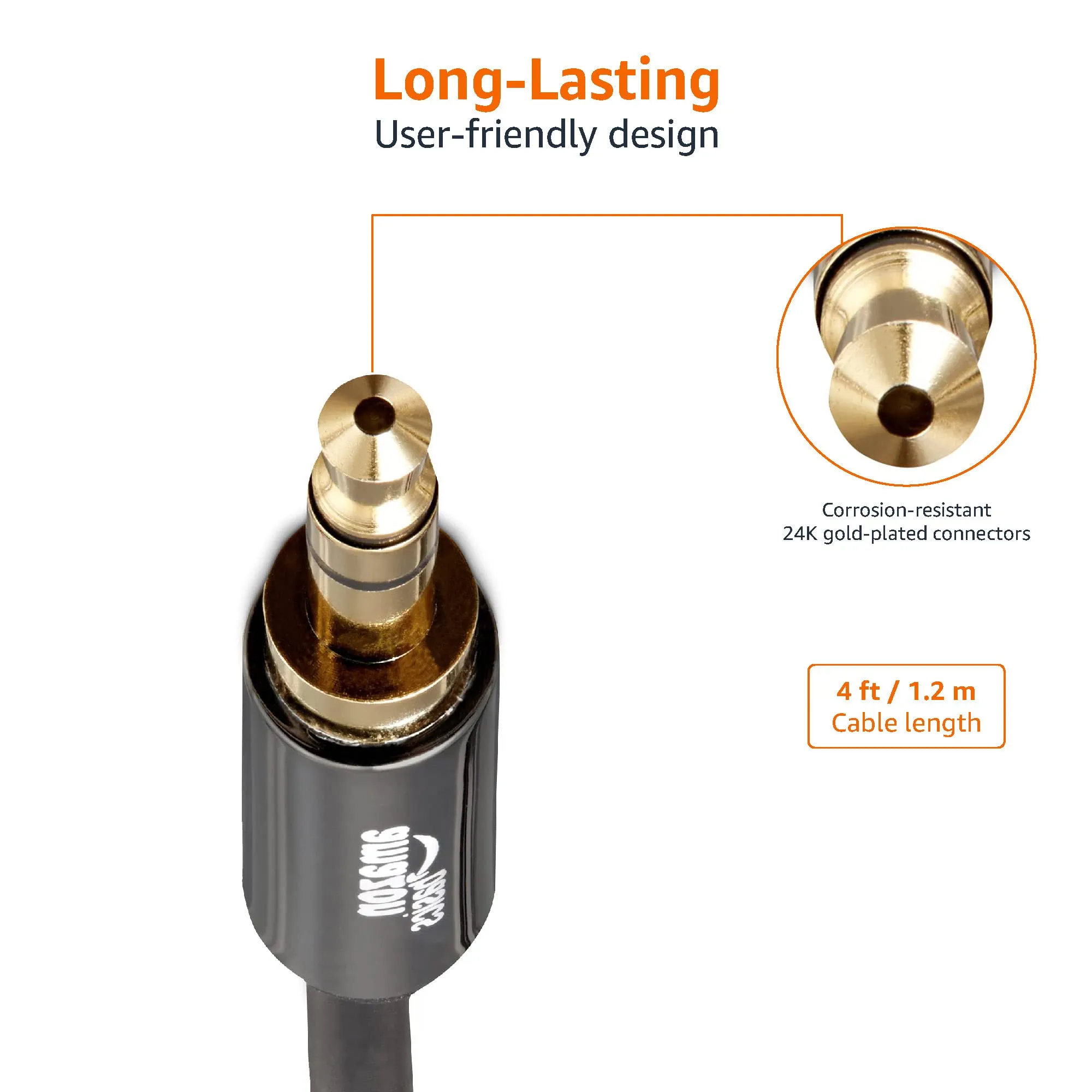 Amazon Basics Auxiliary Cable 3.5mm Male to Male Stereo Audio, 1.2 m, Black, 2 Pack - immagine 5