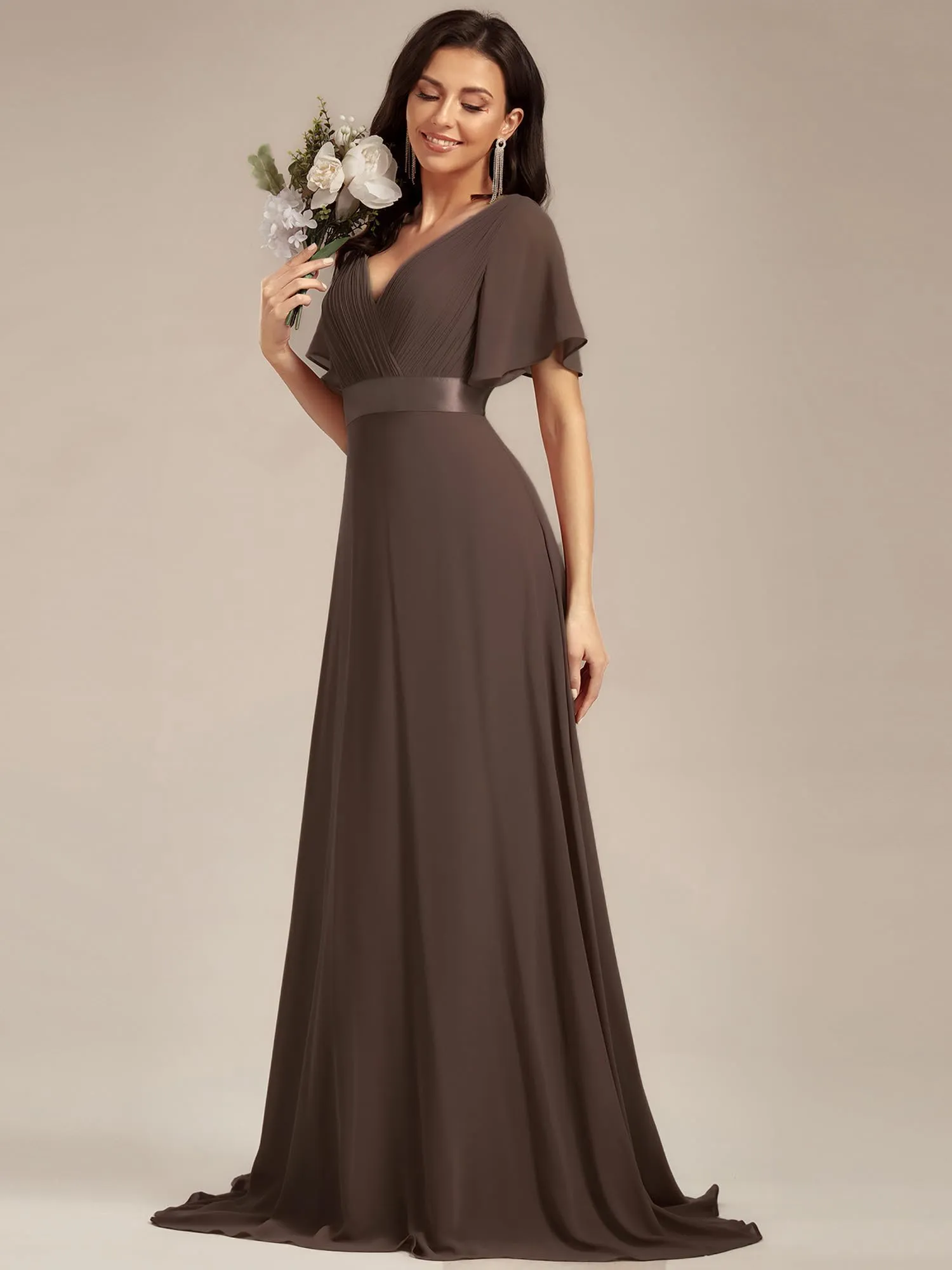 Ever-Pretty Vestito da Cerimonia Donna Scollo a V Linea ad A con Spacco Espresso Brun 52 - immagine 2