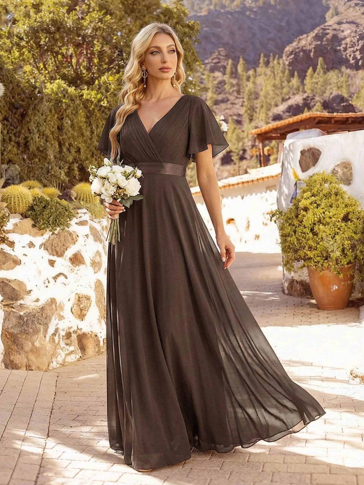 Ever-Pretty Vestito da Cerimonia Donna Scollo a V Linea ad A con Spacco Espresso Brun 52 - immagine 3