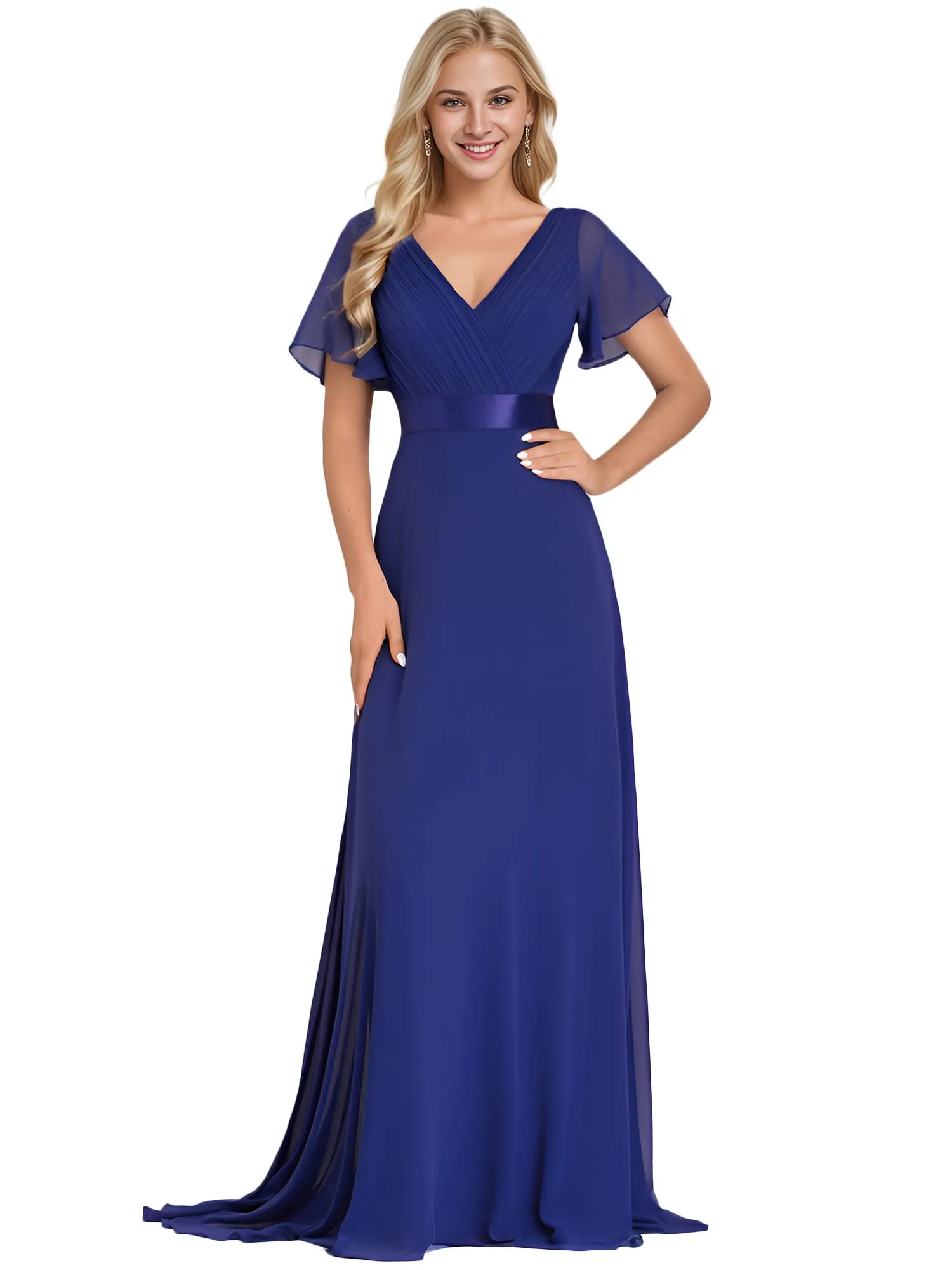 Ever-Pretty Abito da Ballo Donna Stile Impero Linea ad A Scollo a V Maniche Corte Lungo Blu Zaffiro 36 - immagine 1