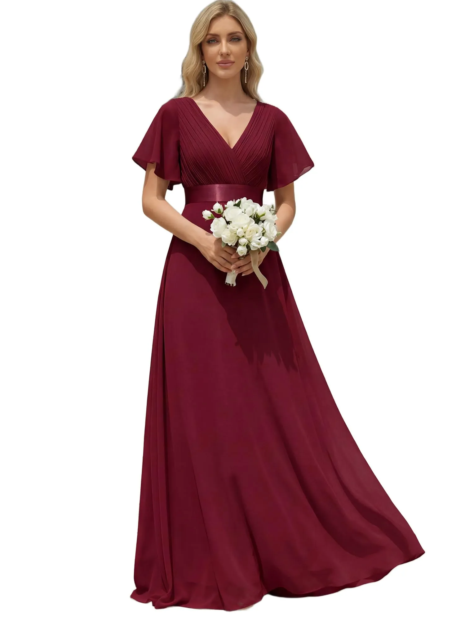 Ever-Pretty Vestito da Damigella Donna Stile Impero Linea ad A Scollo a V Maniche Corte Lungo Borgogna 36 - immagine 1