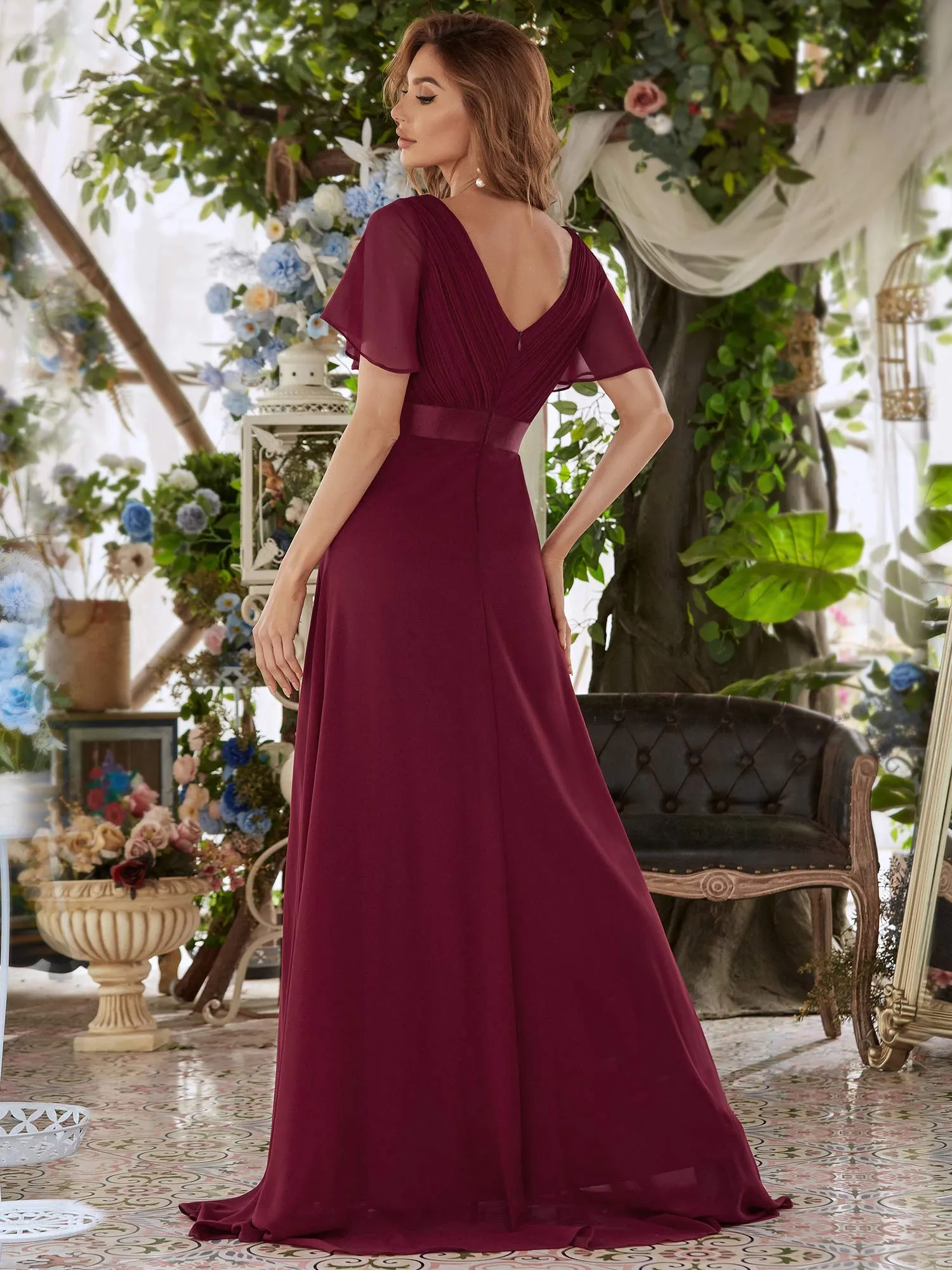 Ever-Pretty Vestito da Damigella Donna Stile Impero Linea ad A Scollo a V Maniche Corte Lungo Borgogna 36 - immagine 5