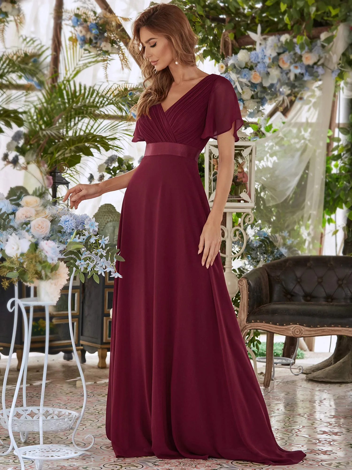 Ever-Pretty Vestito da Damigella Donna Stile Impero Linea ad A Scollo a V Maniche Corte Lungo Borgogna 36 - immagine 6