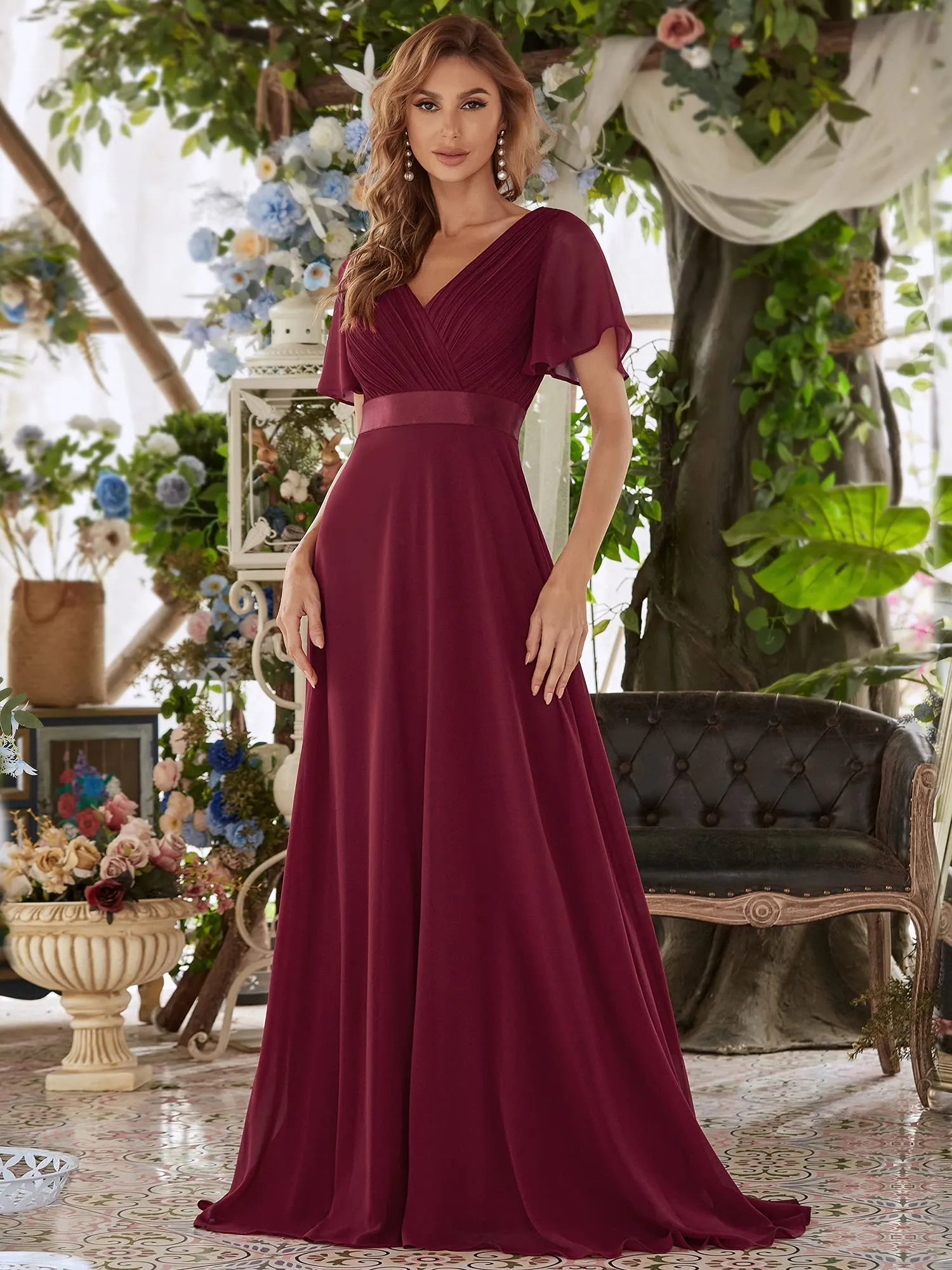 Ever-Pretty Vestito da Damigella Donna Stile Impero Linea ad A Scollo a V Maniche Corte Lungo Borgogna 38 - immagine 4