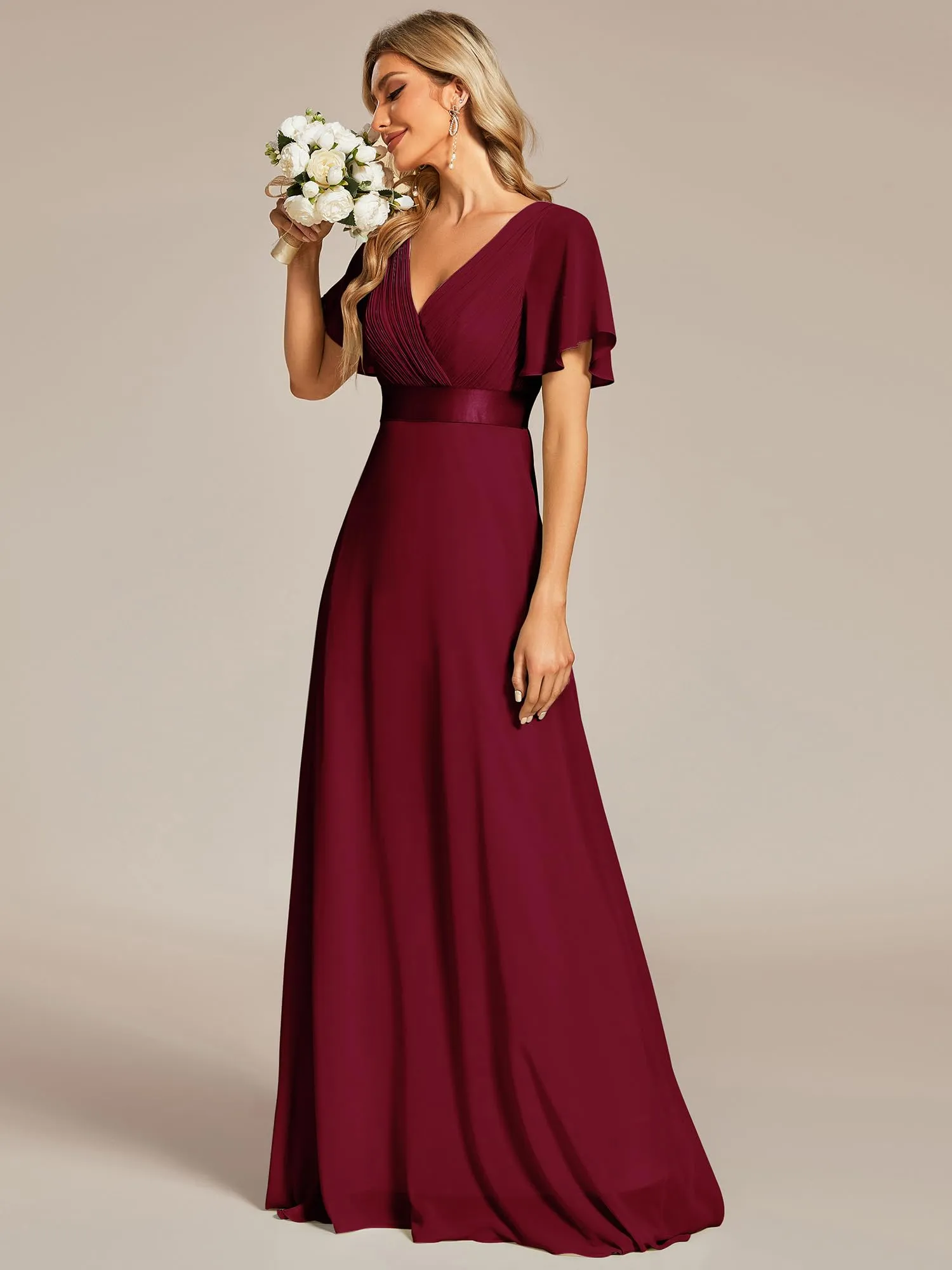 Ever-Pretty Vestito da Damigella Donna Stile Impero Linea ad A Scollo a V Maniche Corte Lungo Borgogna 42 - immagine 4