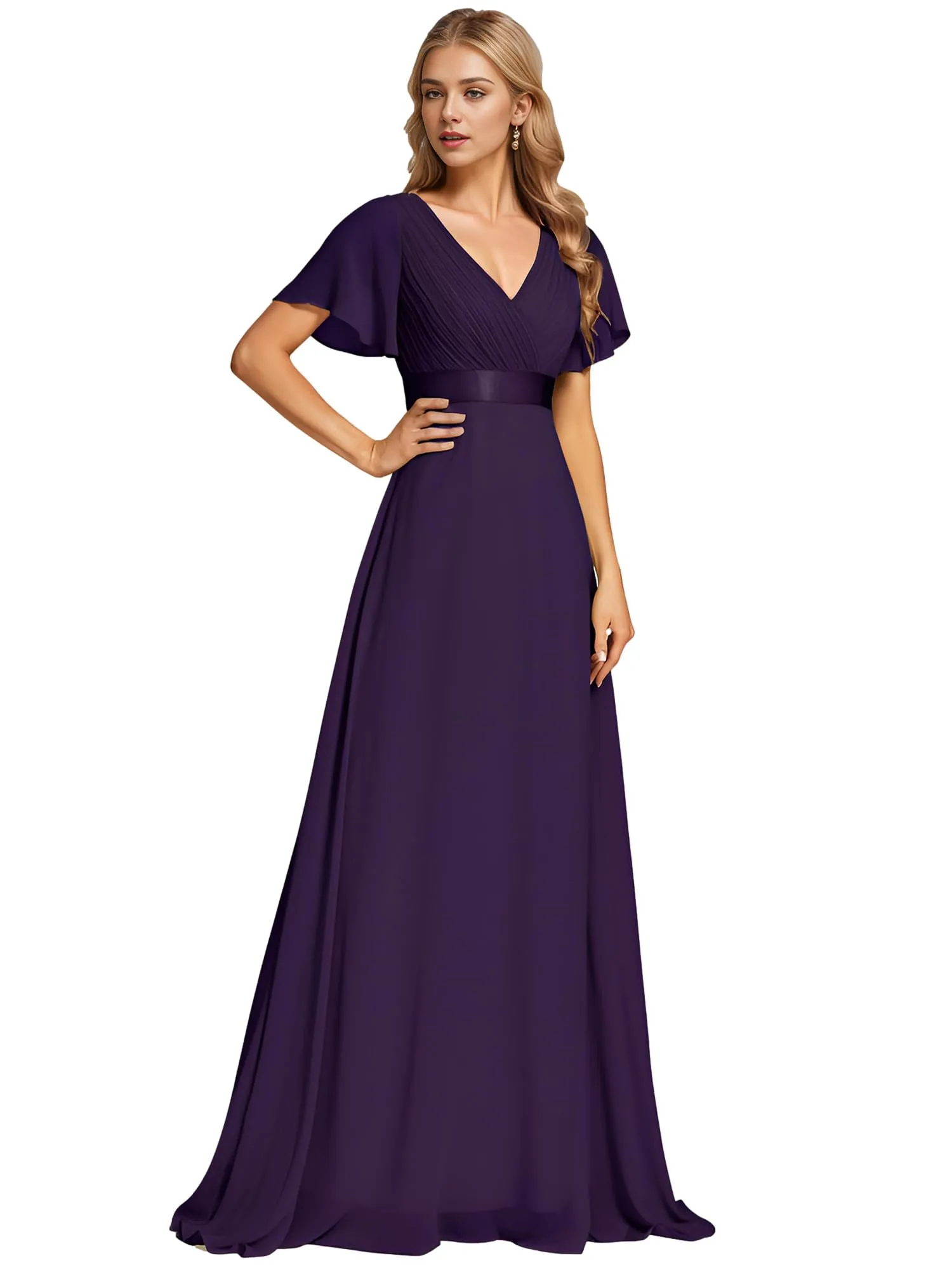 Ever-Pretty Abito da Sera Donna Stile Impero Linea ad A Scollo a V Maniche Corte Lungo Viola Scuro 46 - immagine 1