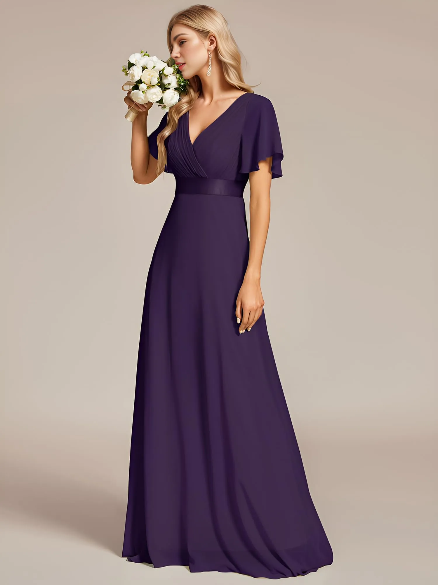 Ever-Pretty Abito da Sera Donna Stile Impero Linea ad A Scollo a V Maniche Corte Lungo Viola Scuro 48 - immagine 5