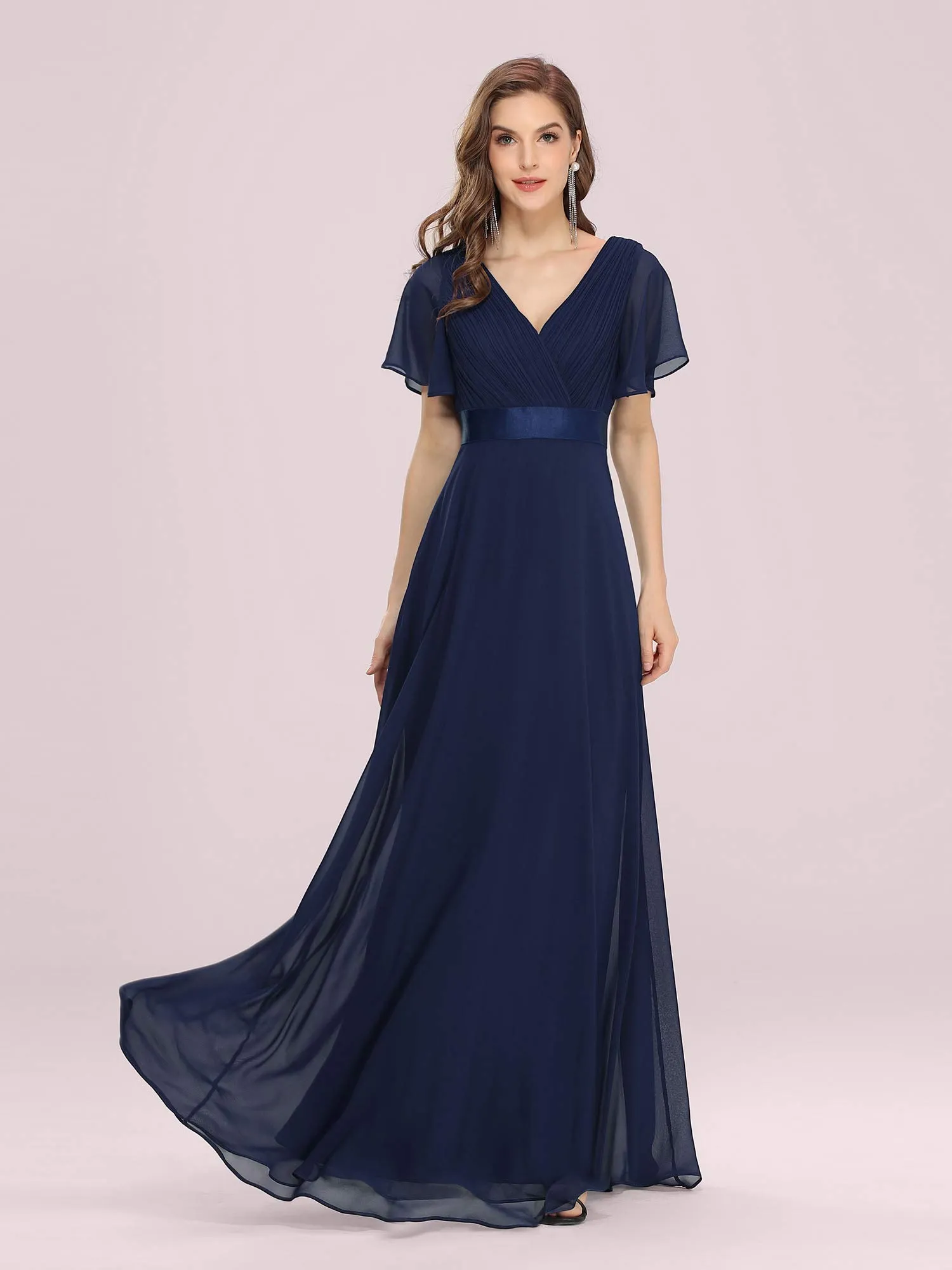 Ever-Pretty Vestito da Ballo Donna Stile Impero Linea ad A Scollo a V Maniche Corte Lungo Blu Navy 42 - immagine 5