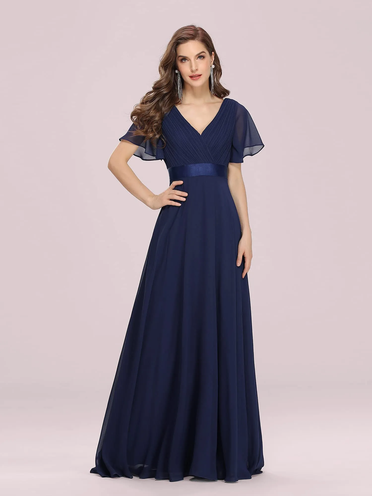 Ever-Pretty Vestito da Ballo Donna Stile Impero Linea ad A Scollo a V Maniche Corte Lungo Blu Navy 48 - immagine 7