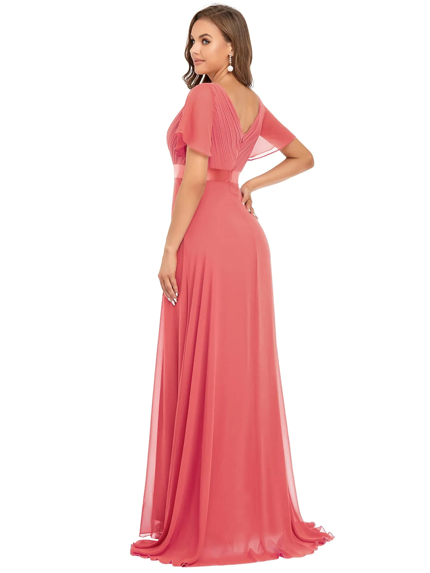 Ever-Pretty Abito da Damigella Donna Stile Impero Linea ad A Scollo a V Maniche Corte Lungo Corallo 44 - immagine 4