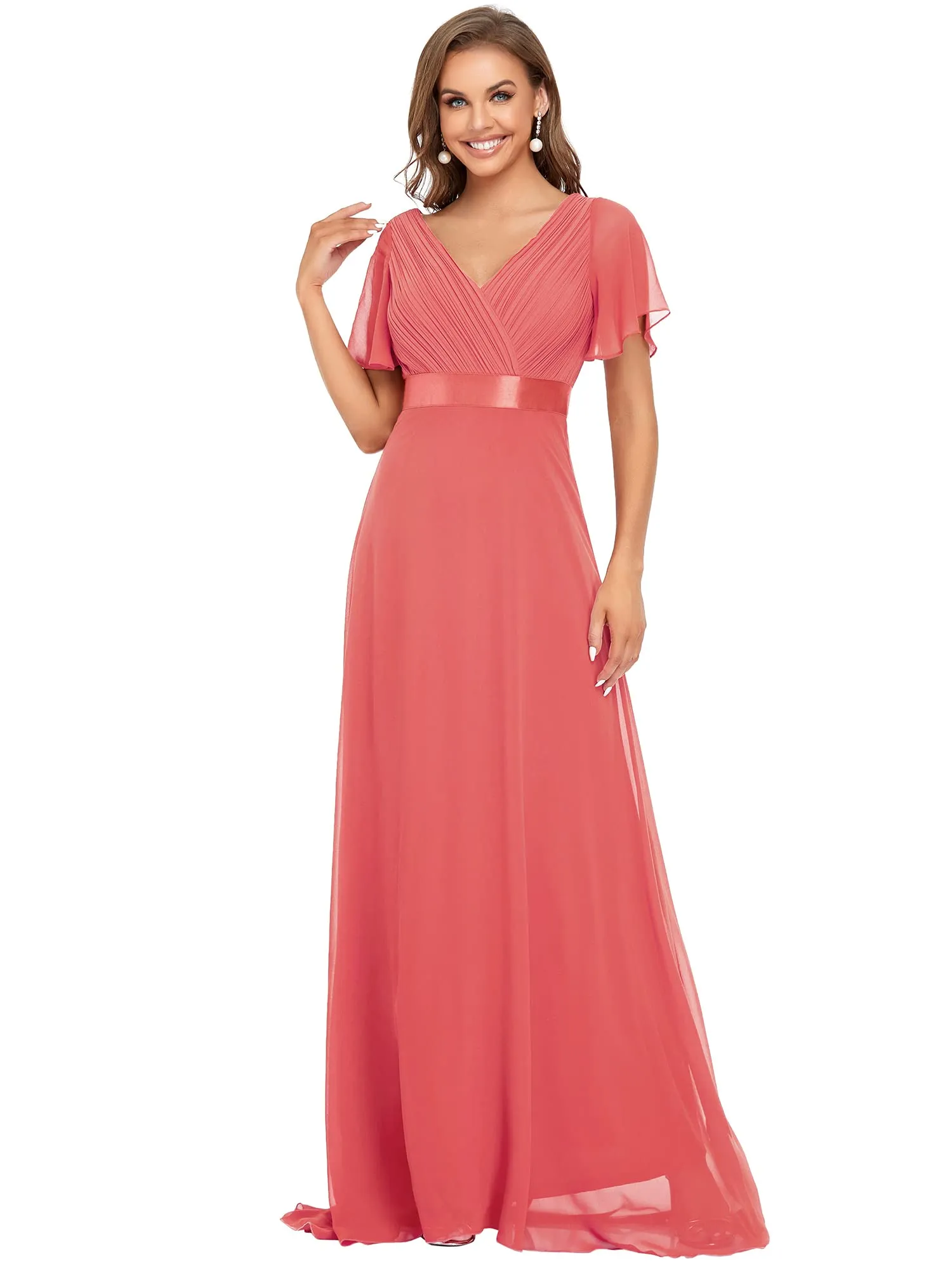 Ever-Pretty Abito da Damigella Donna Stile Impero Linea ad A Scollo a V Maniche Corte Lungo Corallo 42 - immagine 2