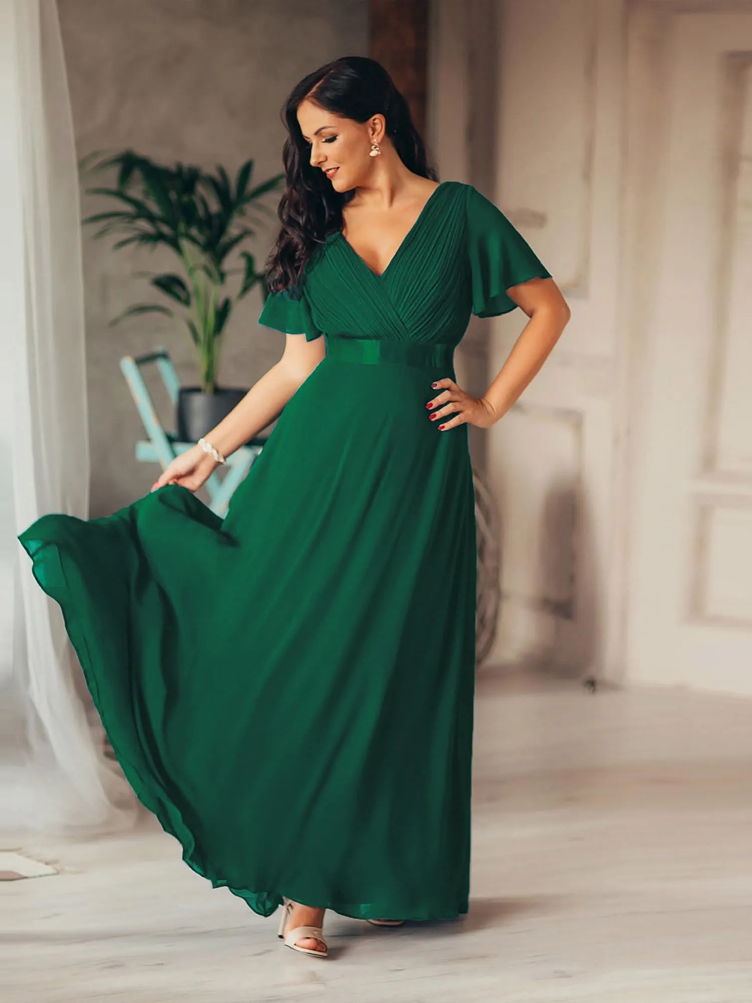 Ever-Pretty Abito da Sera Donna Stile Impero Linea ad A Scollo a V Maniche Corte Lungo Verde Scuro 40 - immagine 6