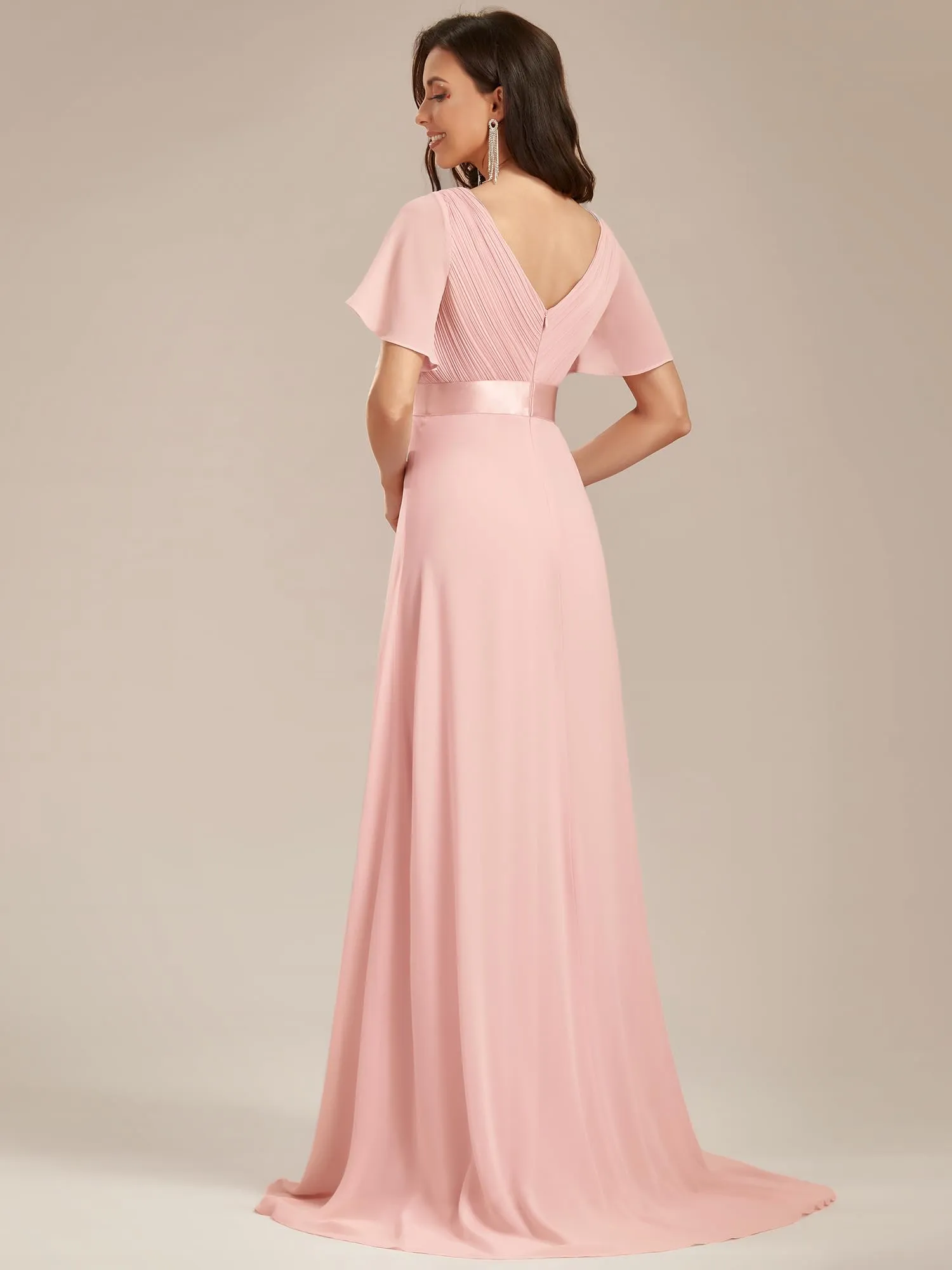 Ever-Pretty Abito da Damigella Donna Stile Impero Linea ad A Scollo a V Maniche Corte Lungo Rosa 46 - immagine 5