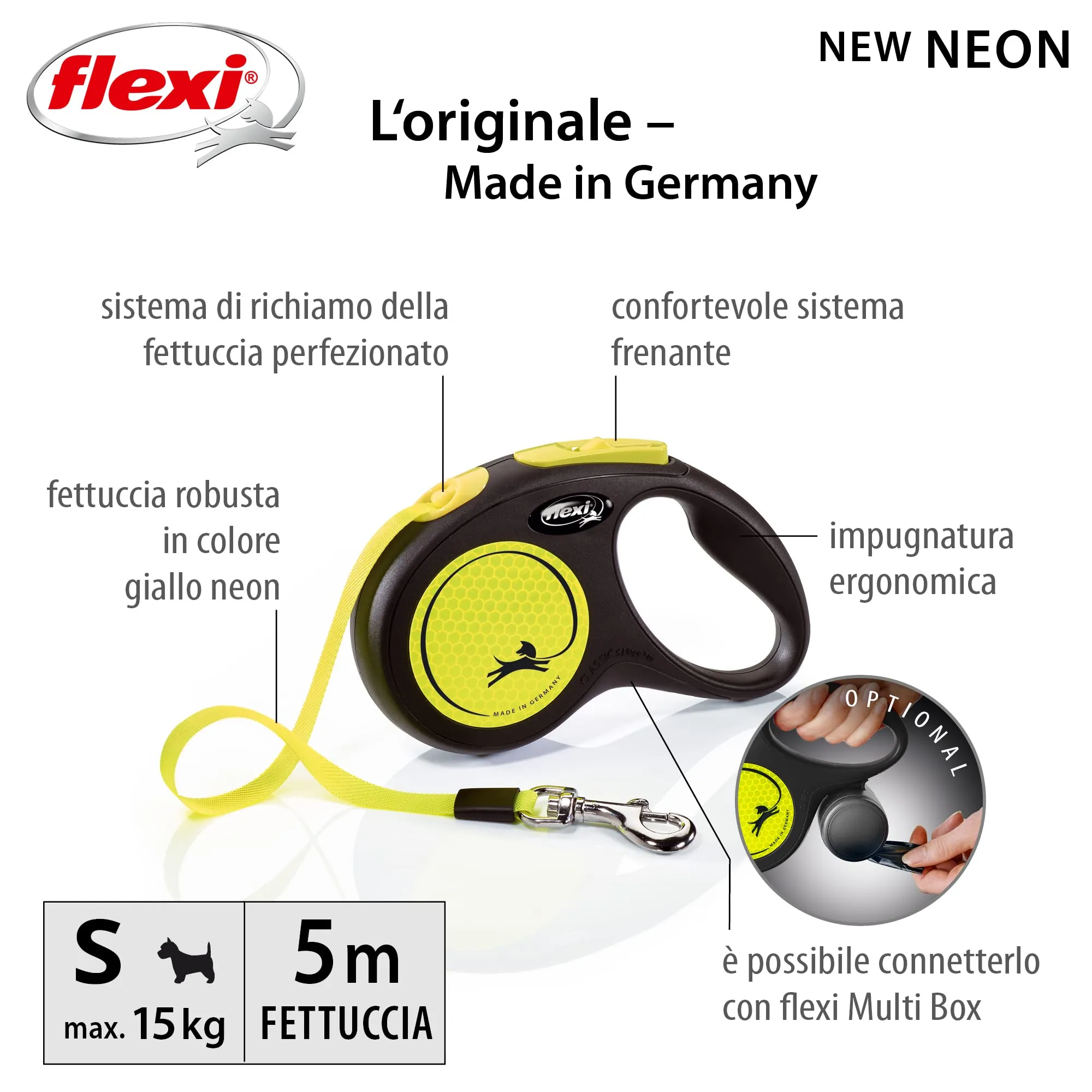 Flexi New Neon Tape Guinzaglio per cani allungabile riflettente, taglia S fino a 15 kg, lunghezza 5 metri, nero e giallo - immagine 2