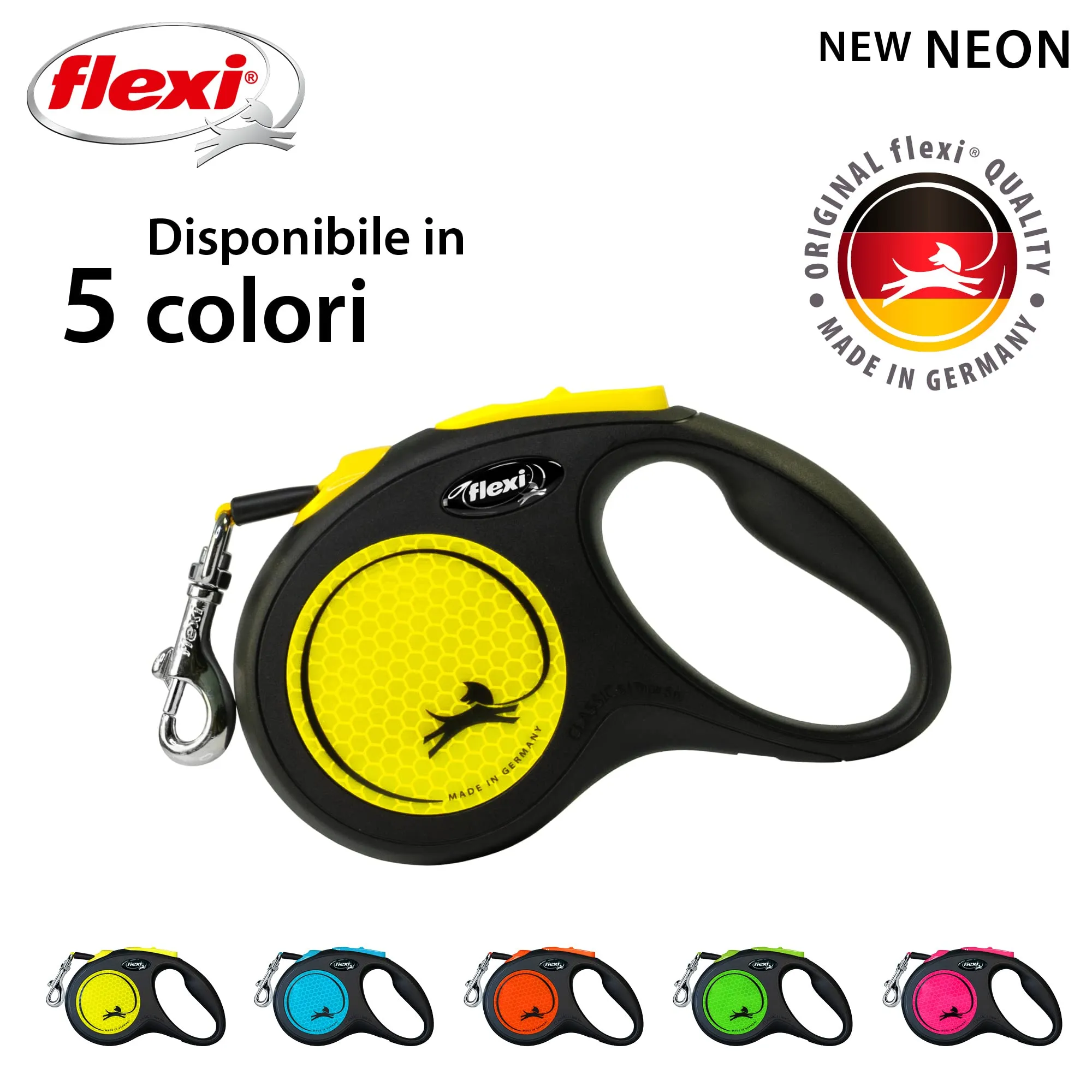 Flexi New Neon Tape Guinzaglio per cani allungabile riflettente, taglia S fino a 15 kg, lunghezza 5 metri, nero e giallo - immagine 5