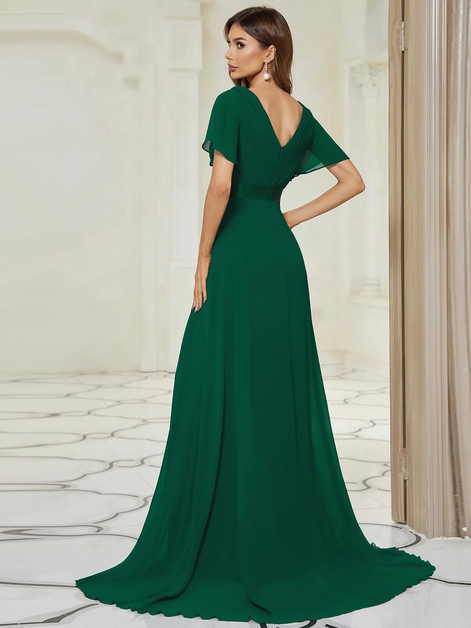 Ever-Pretty Abito da Sera Donna Stile Impero Linea ad A Scollo a V Maniche Corte Lungo Verde Scuro 48 - immagine 2