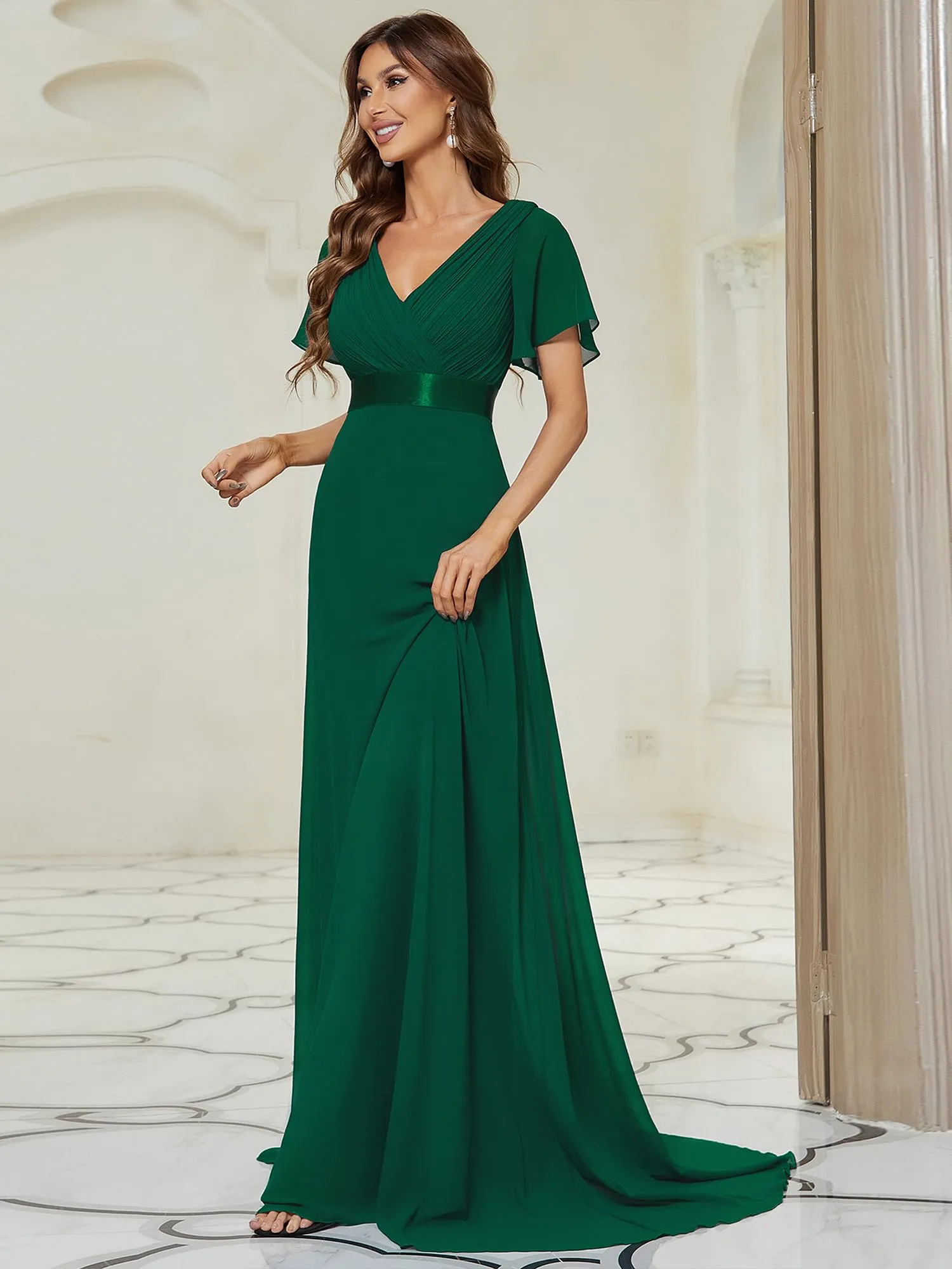 Ever-Pretty Abito da Sera Donna Stile Impero Linea ad A Scollo a V Maniche Corte Lungo Verde Scuro 46 - immagine 5