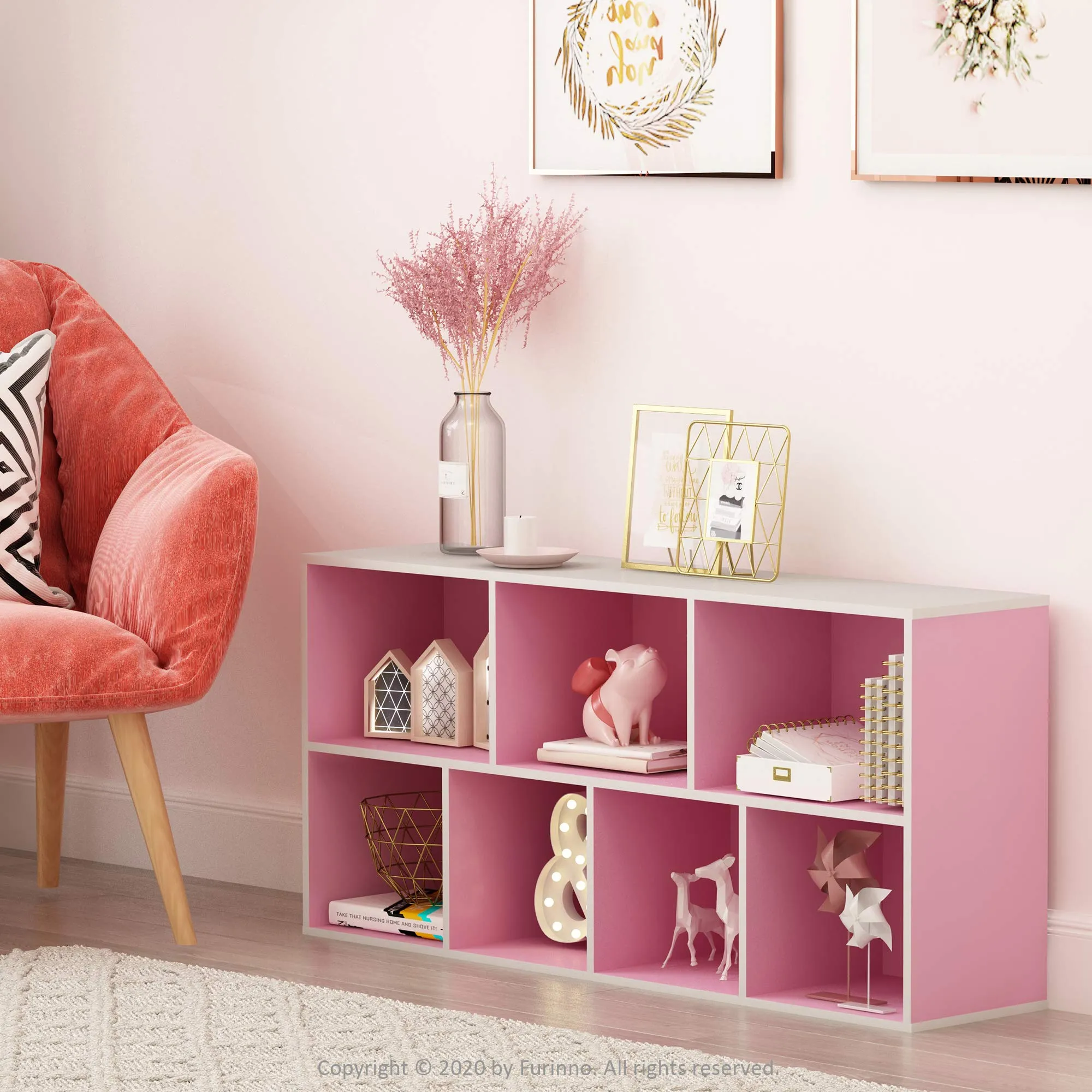 Furinno Luder Scaffale Aperto Reversibile a 7 Cubi, Bianco/Rosa - immagine 2