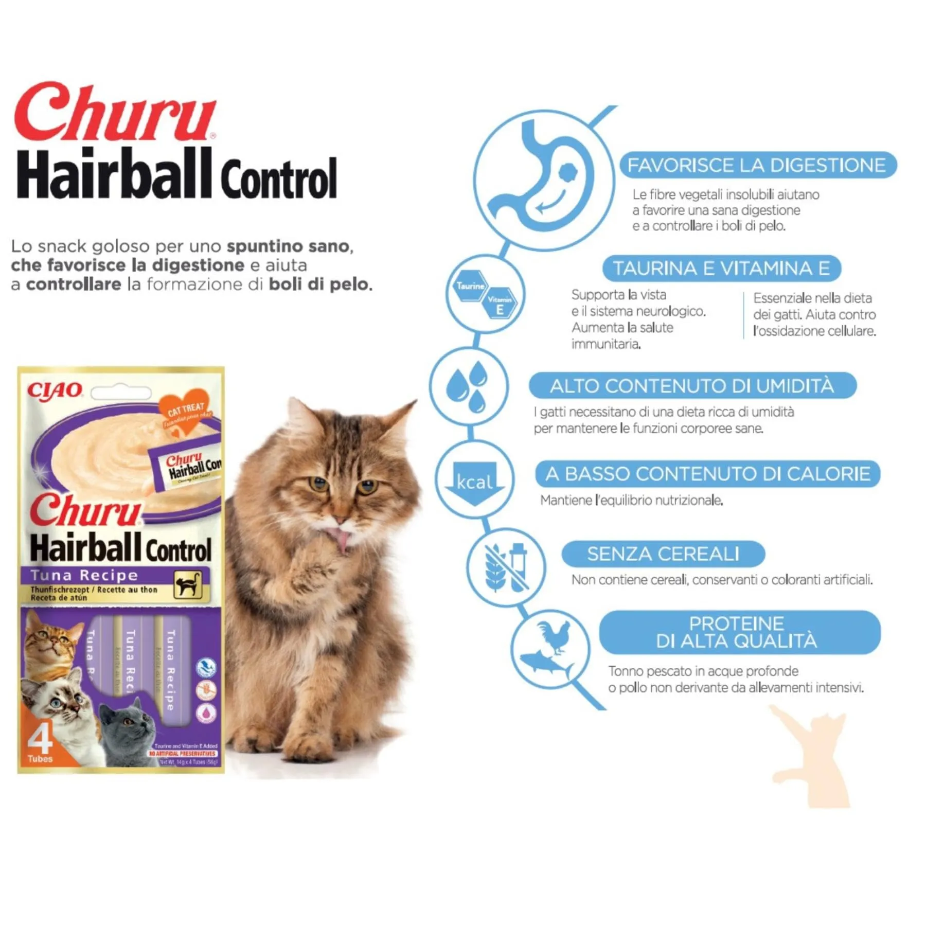 INABA Churu Hairball Control Snack per Gatti al Tonno, 4x14g - immagine 2