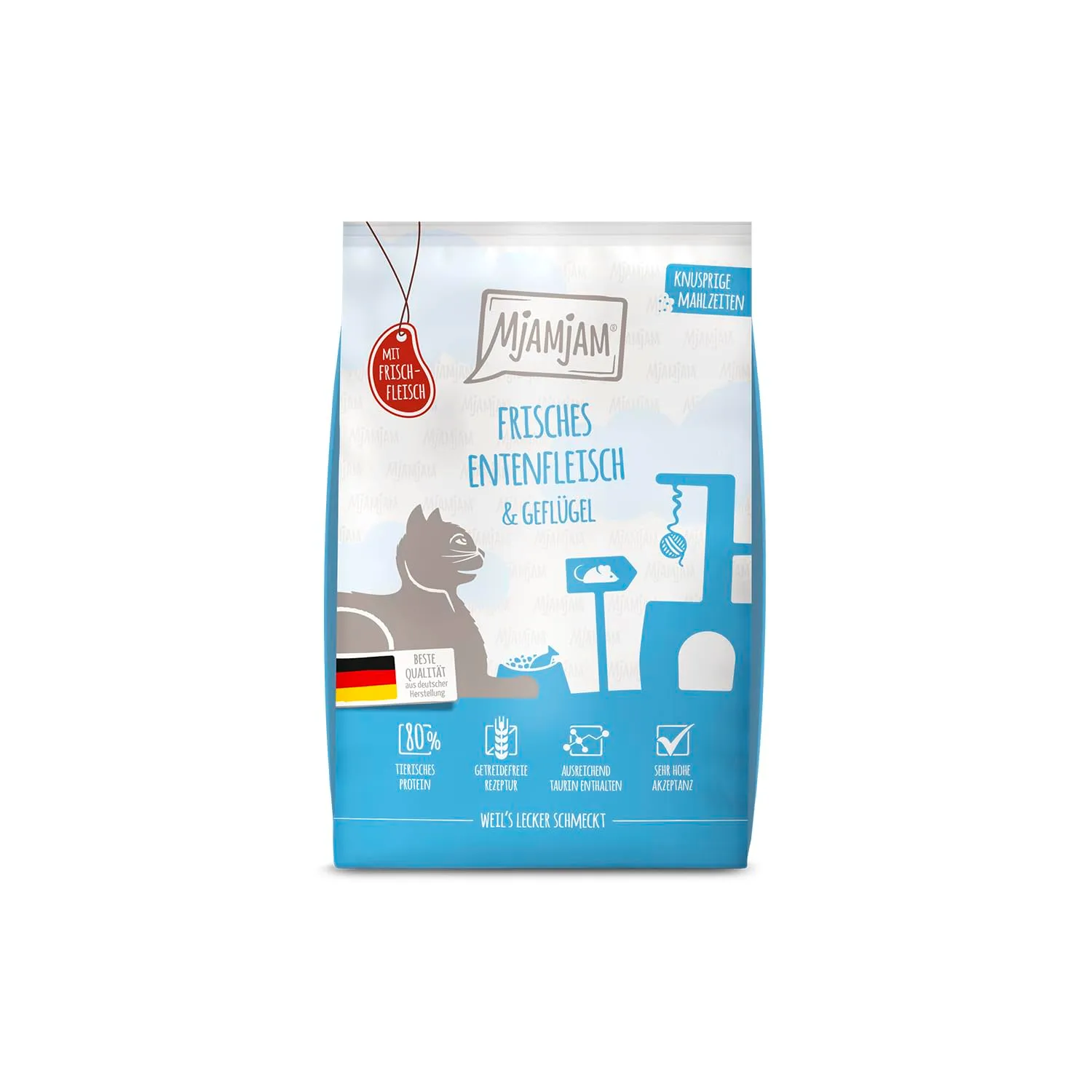 MjAMjAM Crocchette premium per gatti, Anatra fresca e pollame, senza cereali, 1,5 kg - immagine 1