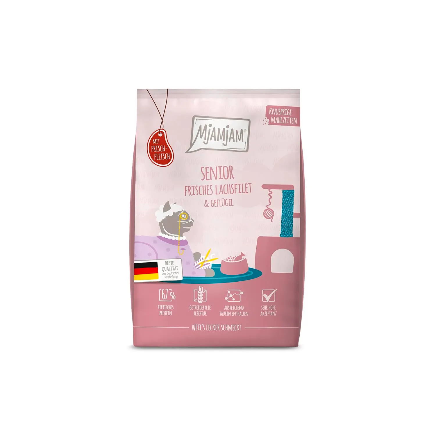 MjAMjAM Crocchette Premium per Gatti Senior, Filetto di Salmone Fresco e Pollame, Senza Cereali, 1,5 kg - immagine 1