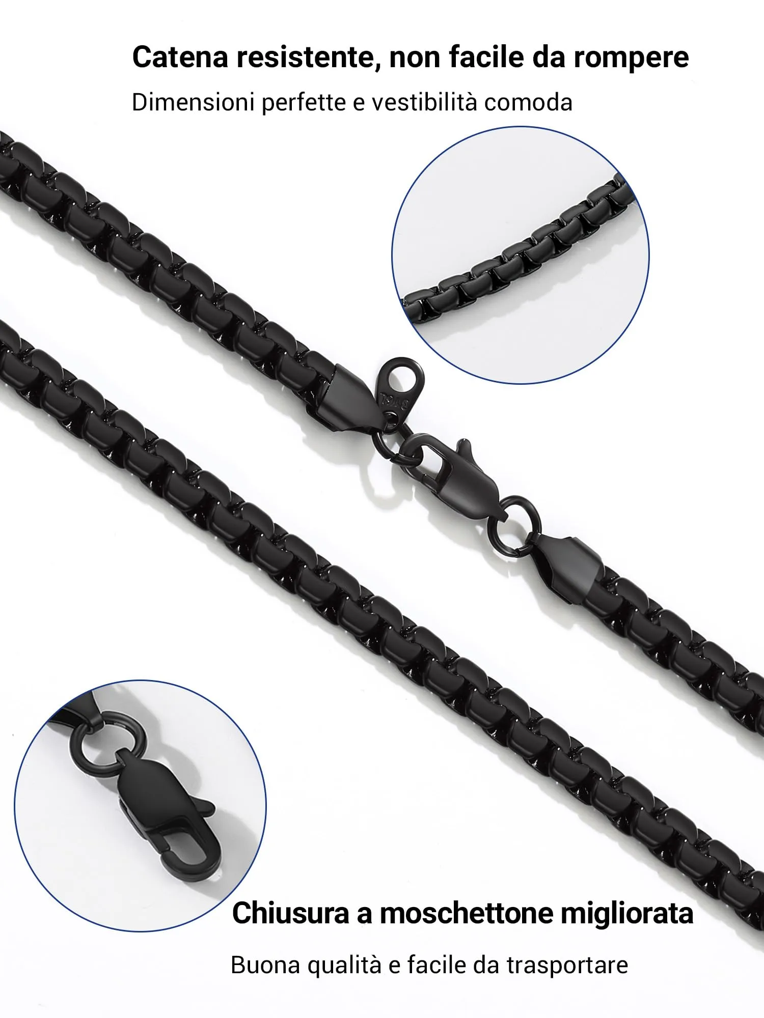 PROSTEEL Collana catena scatola piatta in acciaio inossidabile nero, 55 cm, 6 mm - immagine 9
