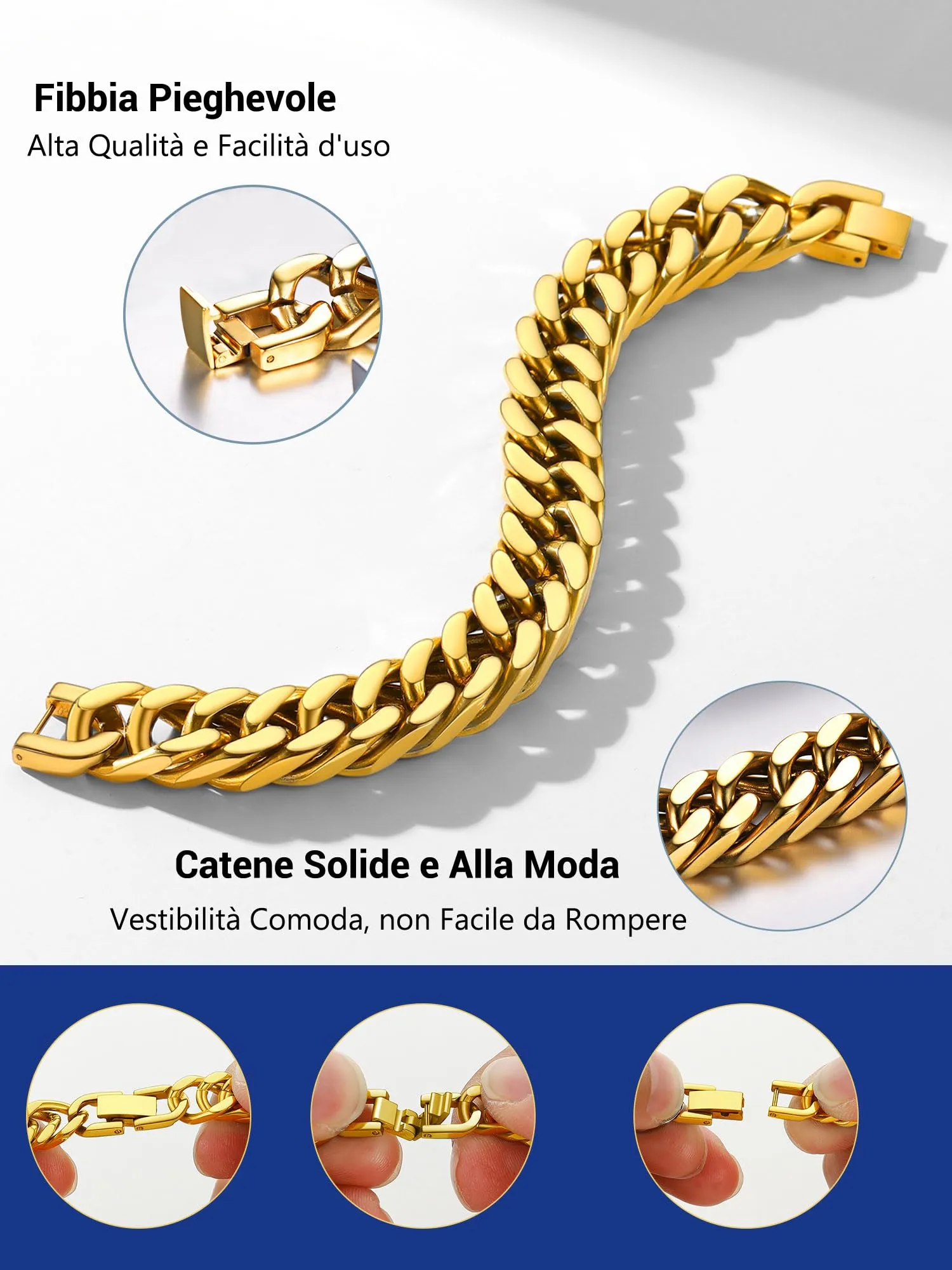 PROSTEEL Braccialetto Catena Cubana Ritorta Oro 17mm Unisex - immagine 8