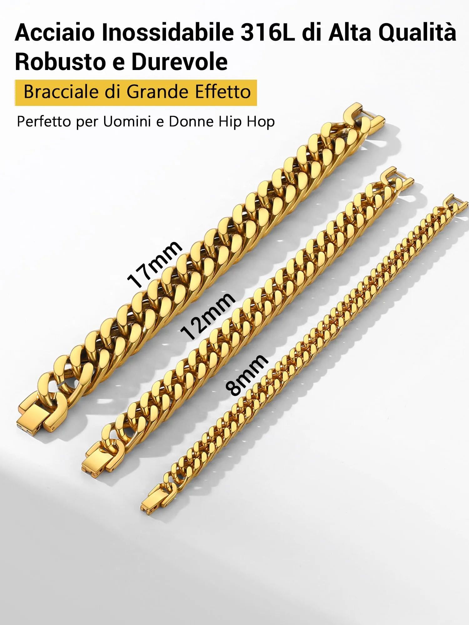 PROSTEEL Braccialetto Catena Cubana Ritorta Oro 8mm PSH2799J-21-EU - immagine 8