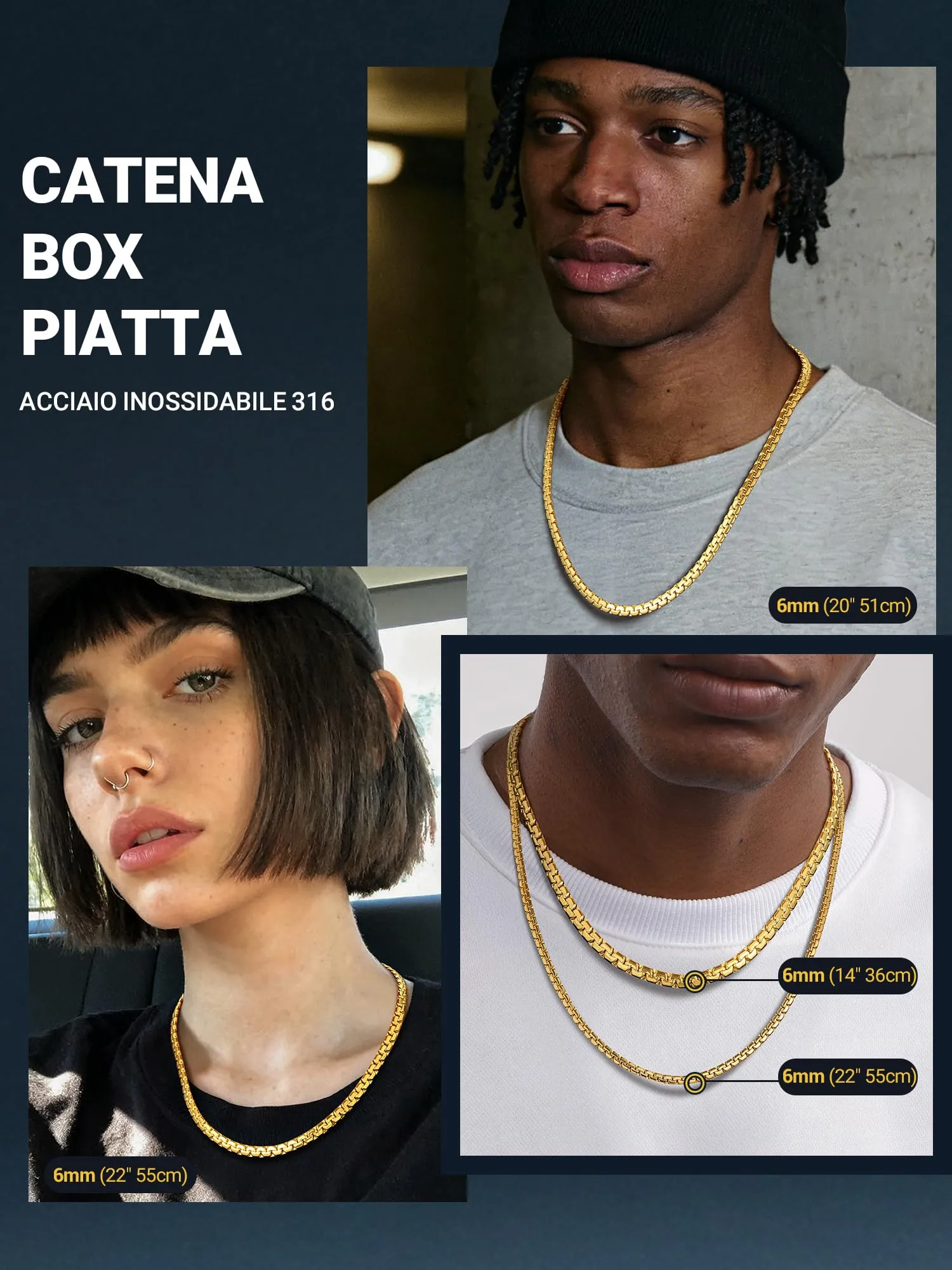 PROSTEEL Collana catena scatola piatta 70 cm 6 mm in acciaio inossidabile placcato oro 18K - immagine 5