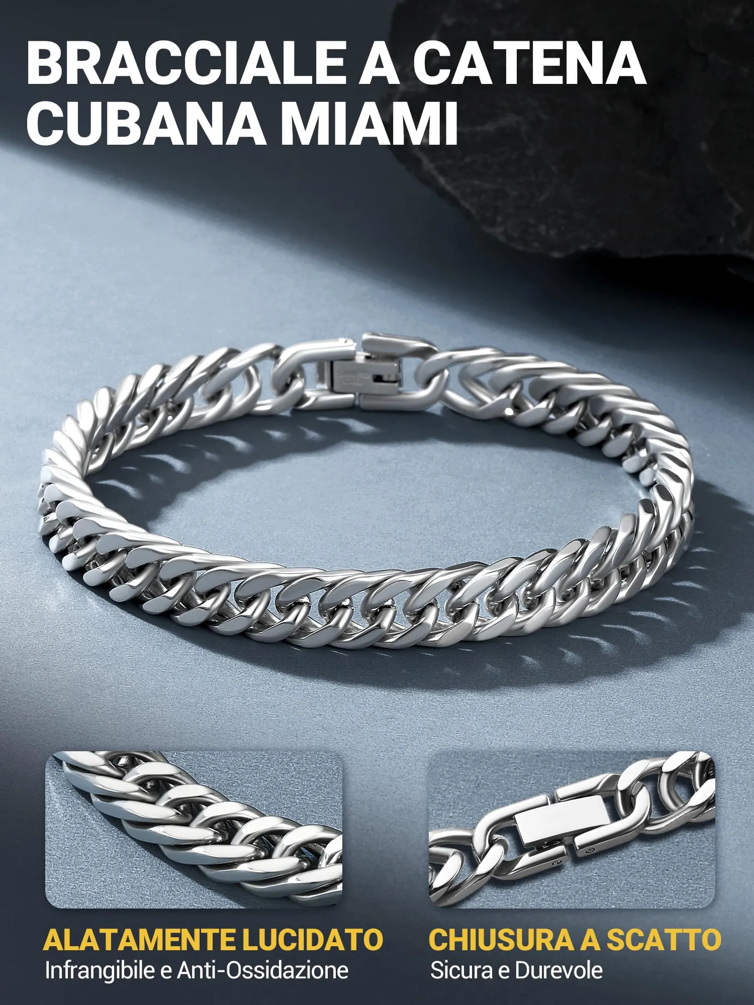 PROSTEEL Neutro Braccialetto Catena Cubana Ritorta Argento 12mm - immagine 6