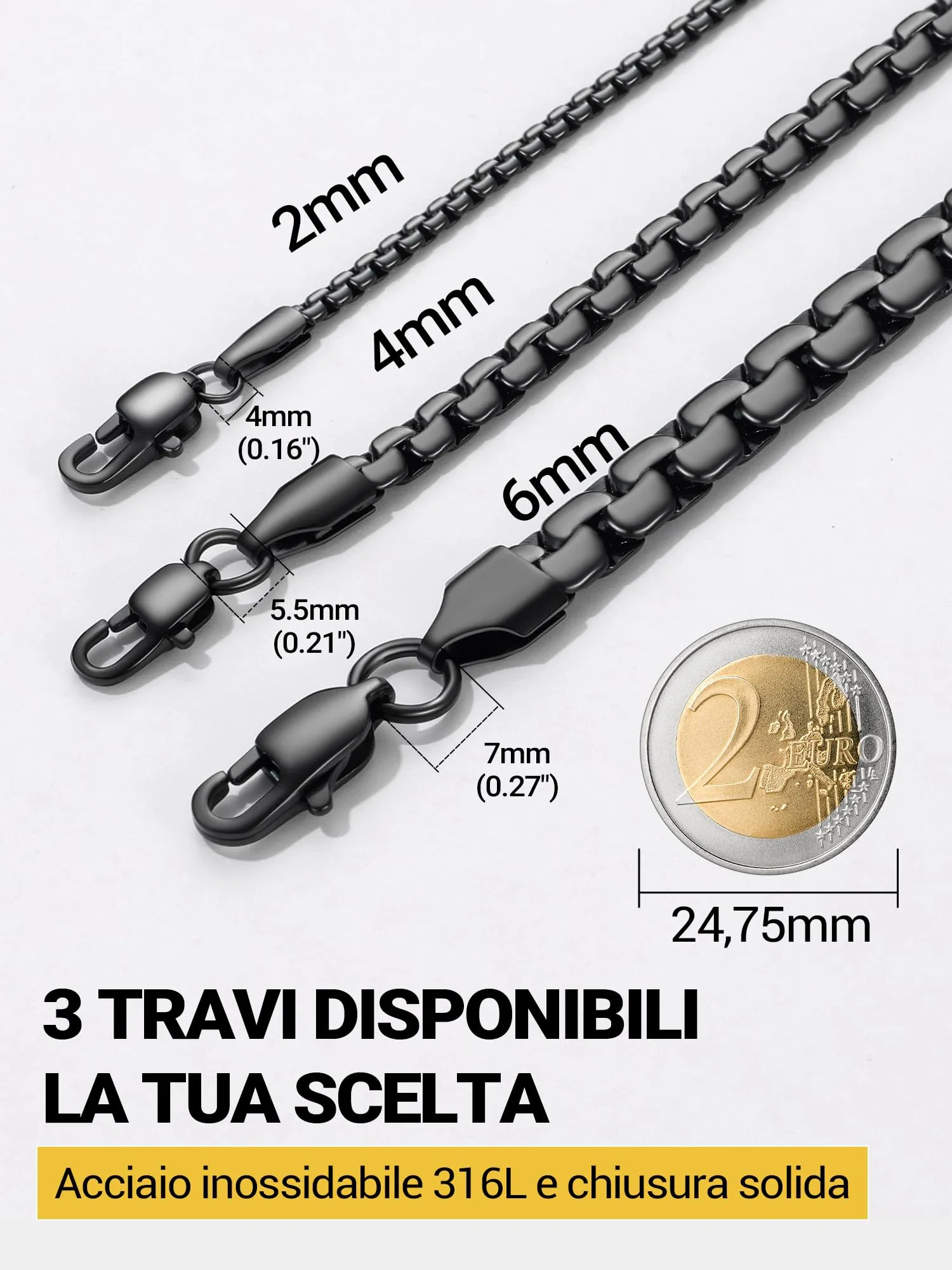 PROSTEEL Collana da Uomo Catena Scatola Piatta in Acciaio Inossidabile Nero, 45 cm, 6 mm - immagine 8