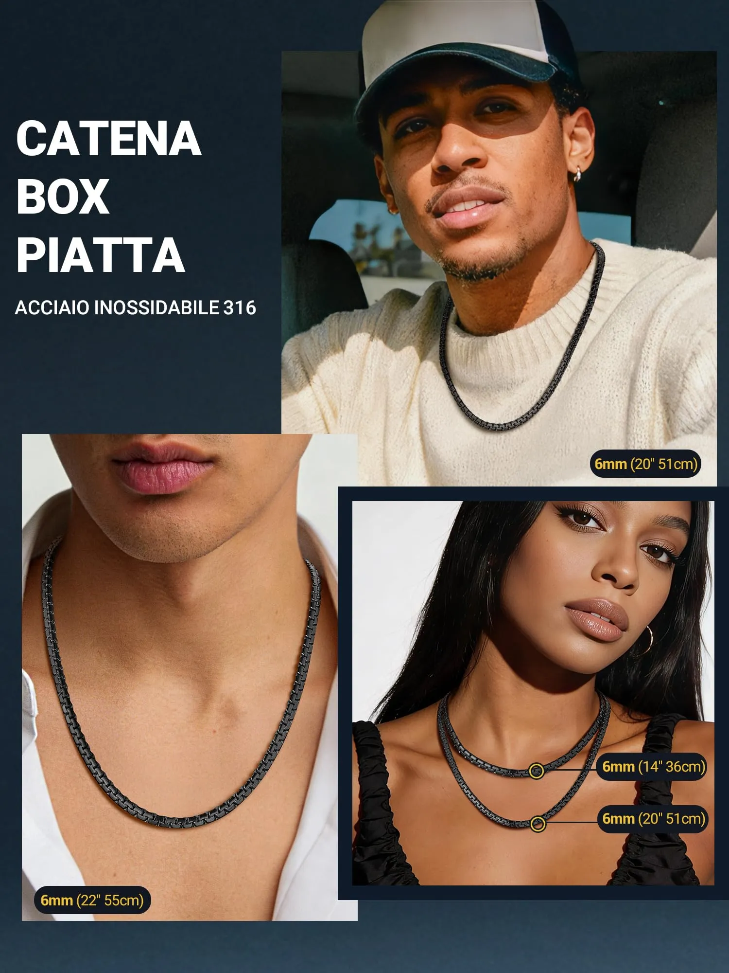 PROSTEEL Collana a catena scatola piatta, 60 cm, 6 mm, Acciaio Inossidabile Nero - immagine 7