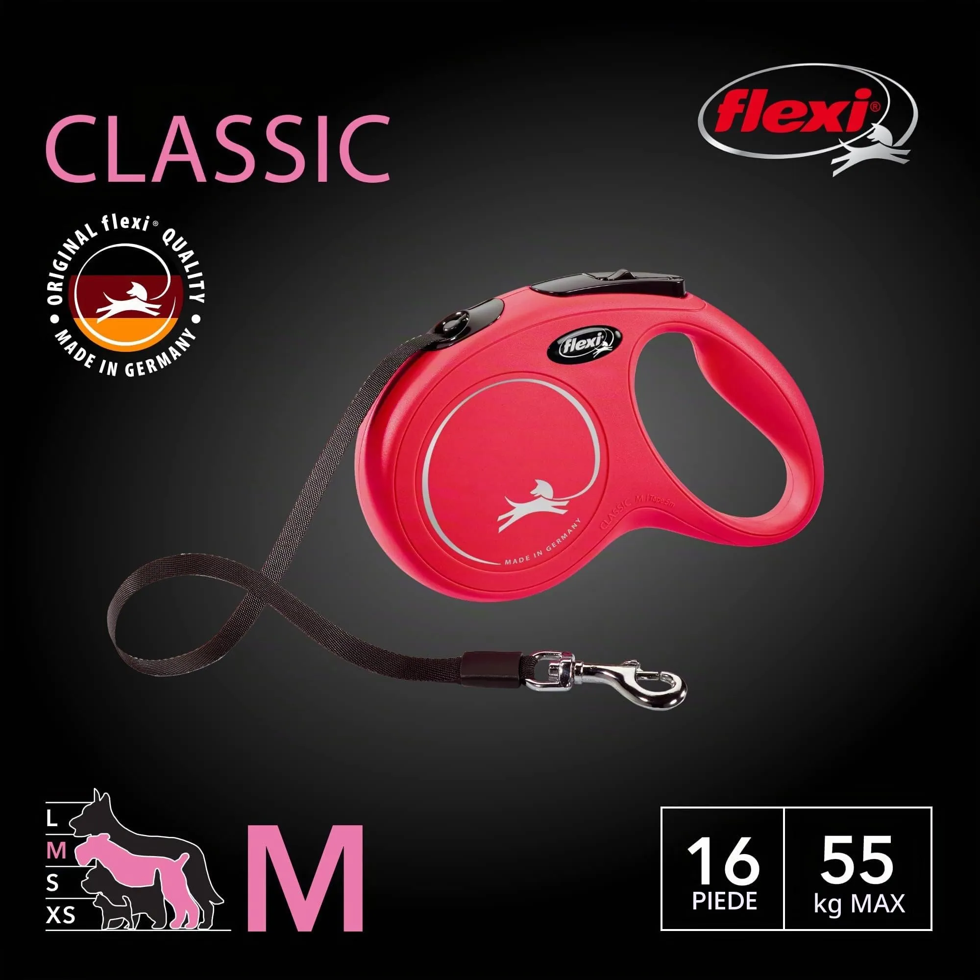 Flexi New Classic Guinzaglio Retrattile per Cani, 4,9 m, Medio, Rosso, CL2MT5.250.R - immagine 2