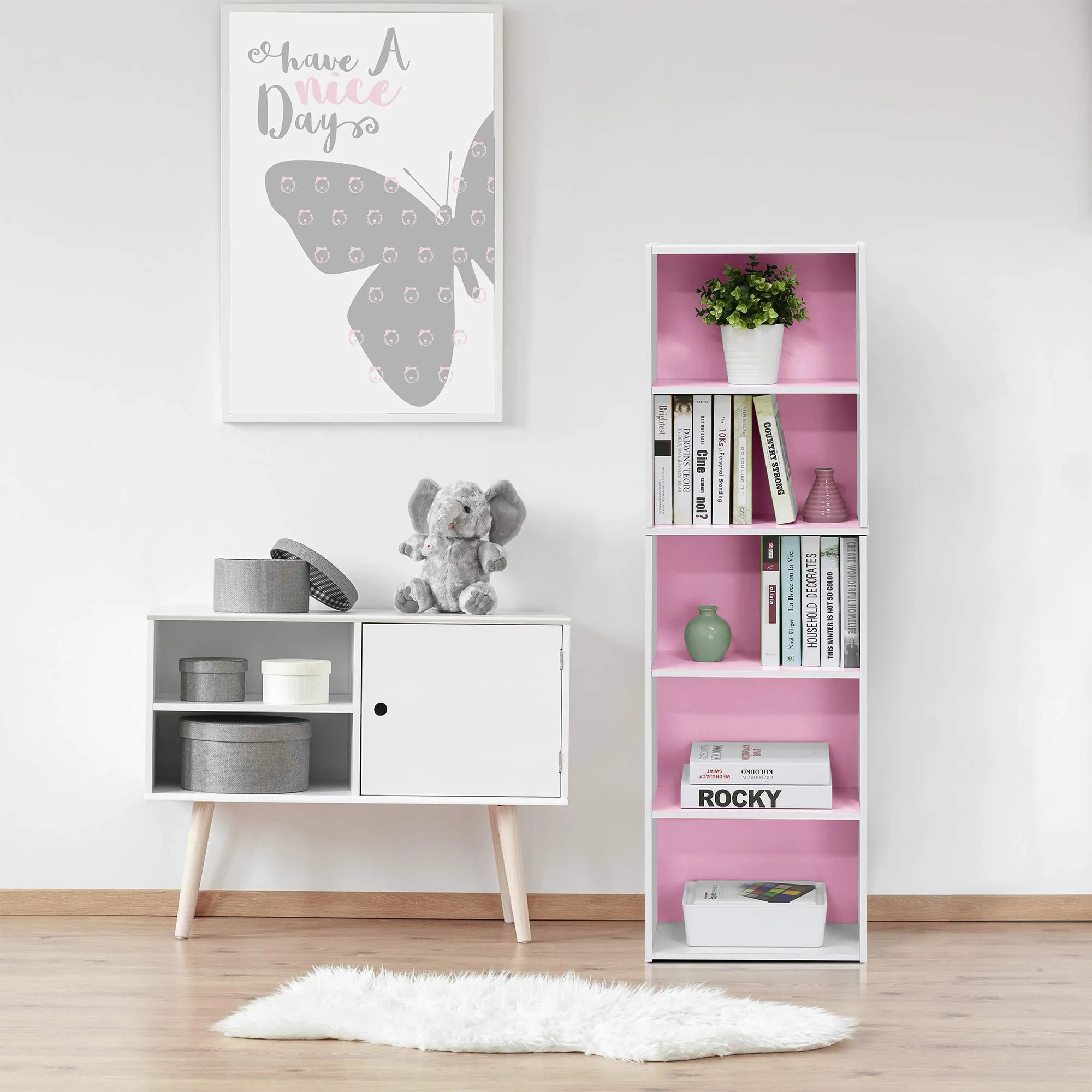 Furinno Luder Libreria a Ripiani Aperti 5 Livelli, Bianco/Rosa - immagine 9