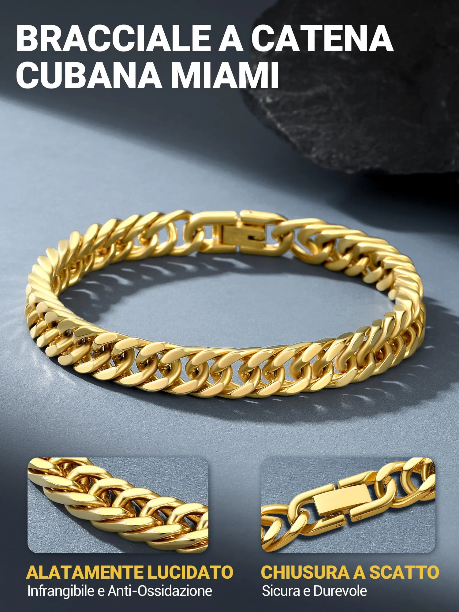 PROSTEEL Braccialetto Catena Cubana Ritorta 12mm Oro per Uomo e Donna - immagine 7