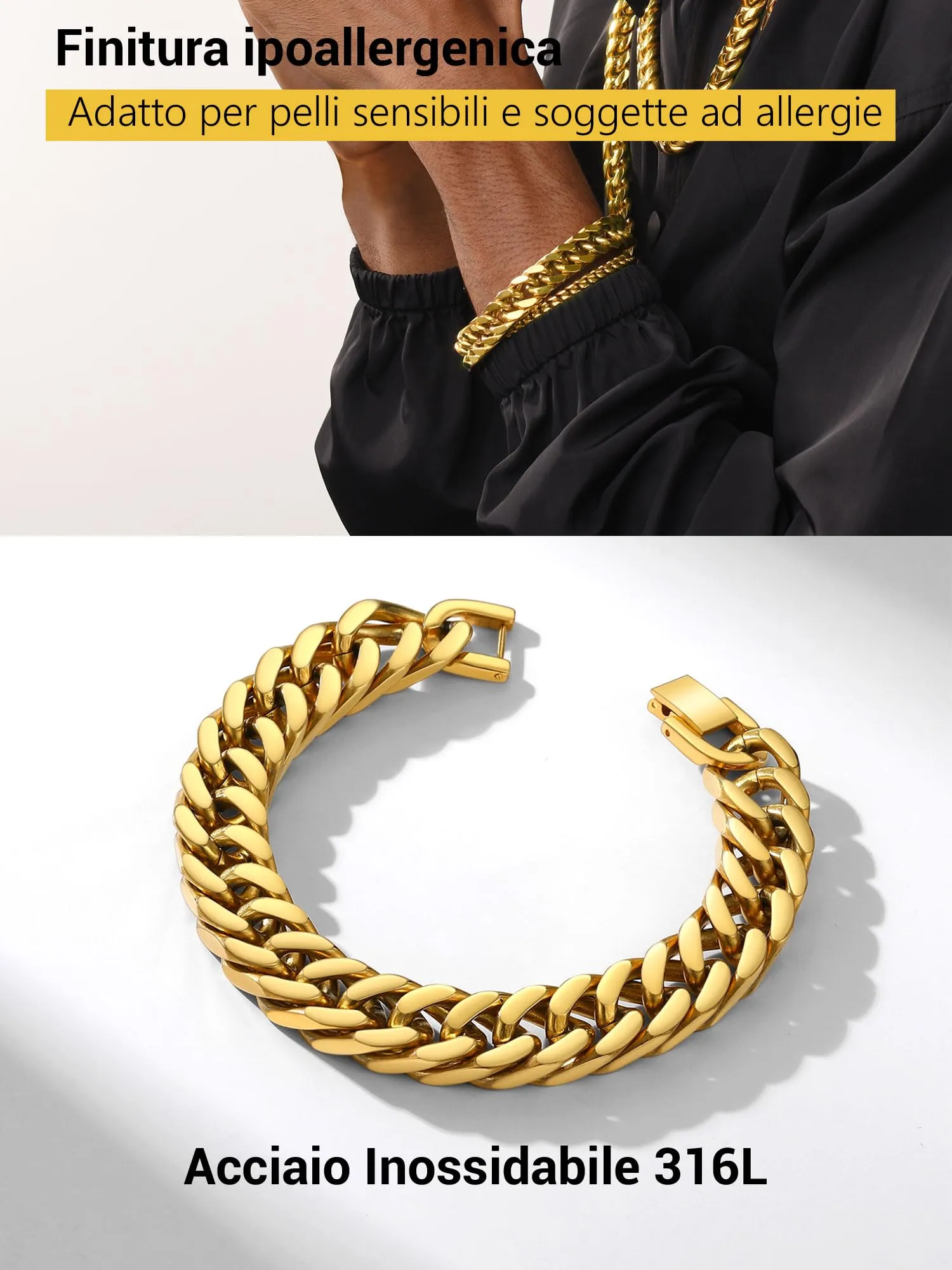 PROSTEEL Braccialetto Catena Cubana Ritorta 12mm Oro per Uomo e Donna - immagine 8