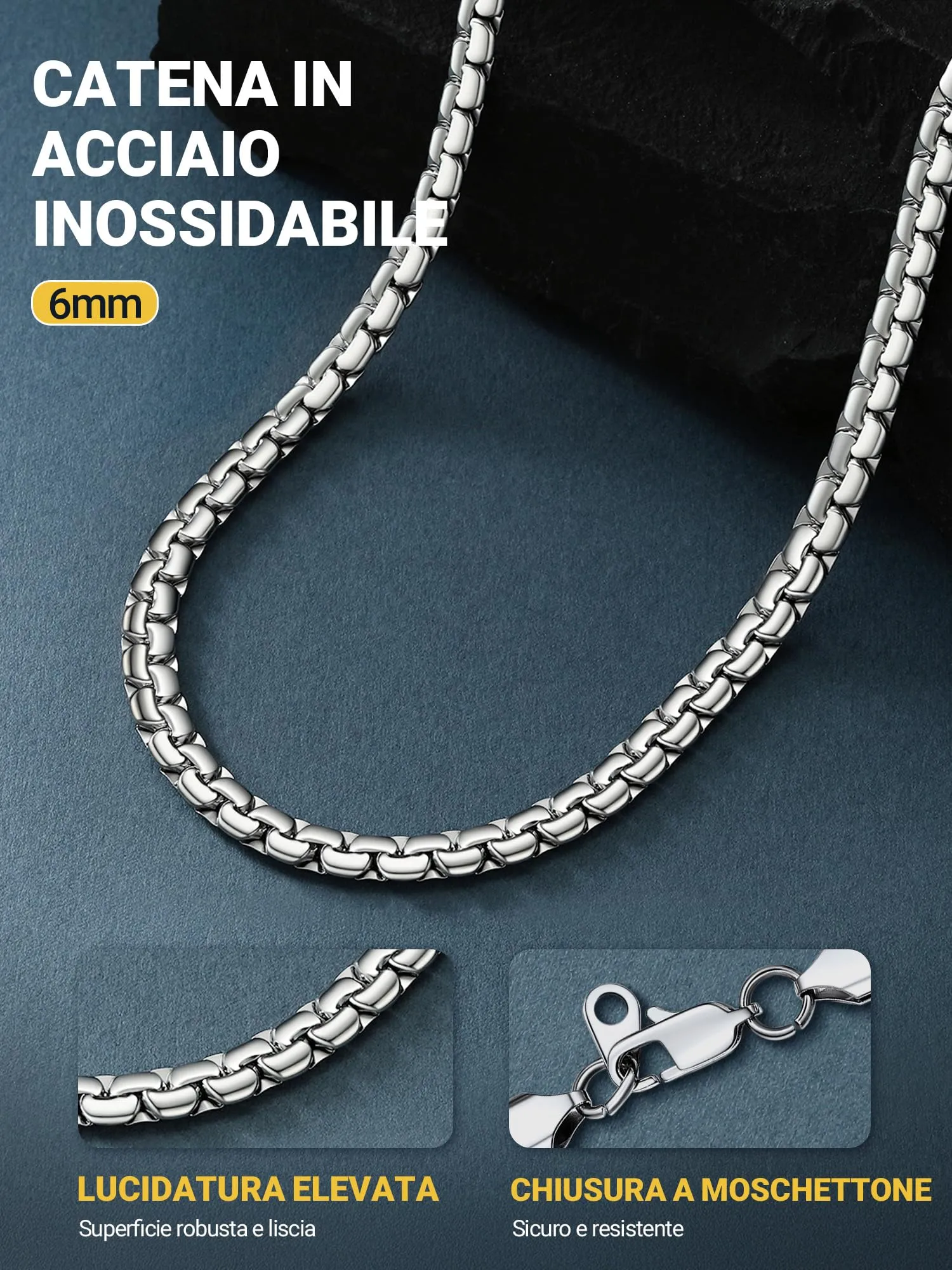 PROSTEEL Collana catena scatola piatta 60 cm 6 mm argento acciaio inossidabile - immagine 3