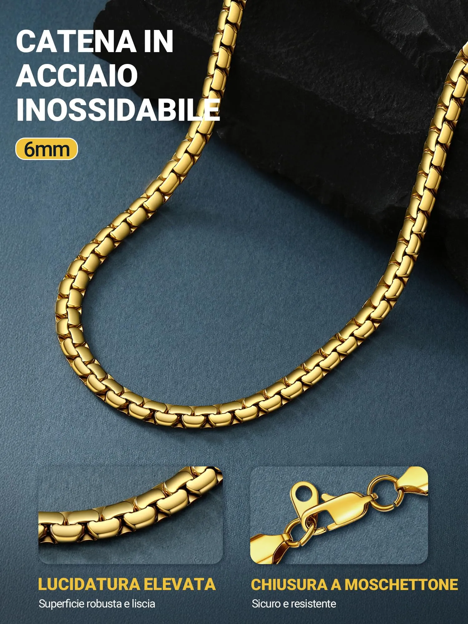 PROSTEEL Collana catena scatola piatta 55 cm 6 mm Acciaio Inossidabile placcato oro 18K - immagine 4