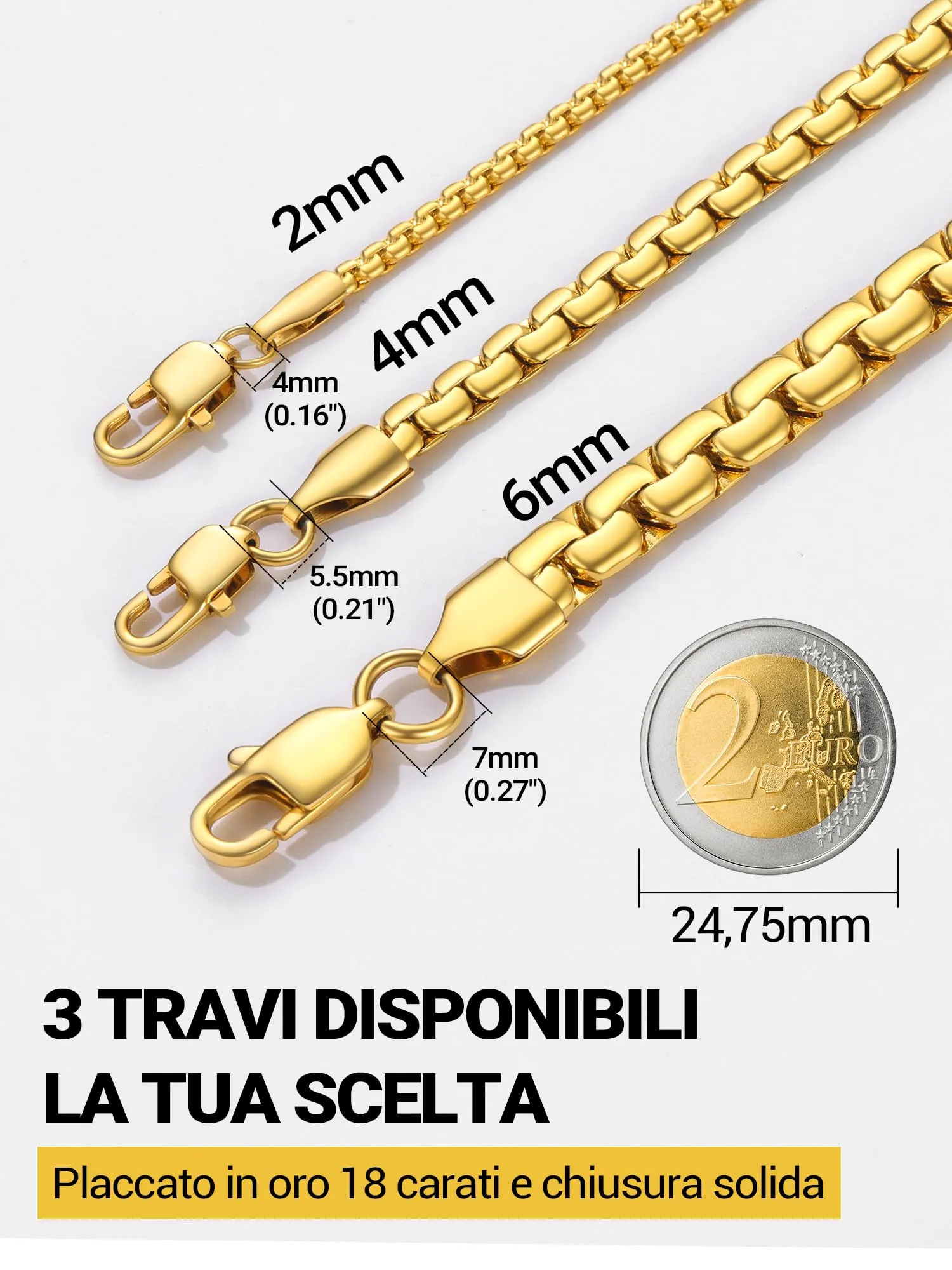 PROSTEEL Collana catena scatola piatta 55 cm 6 mm Acciaio Inossidabile placcato oro 18K - immagine 8
