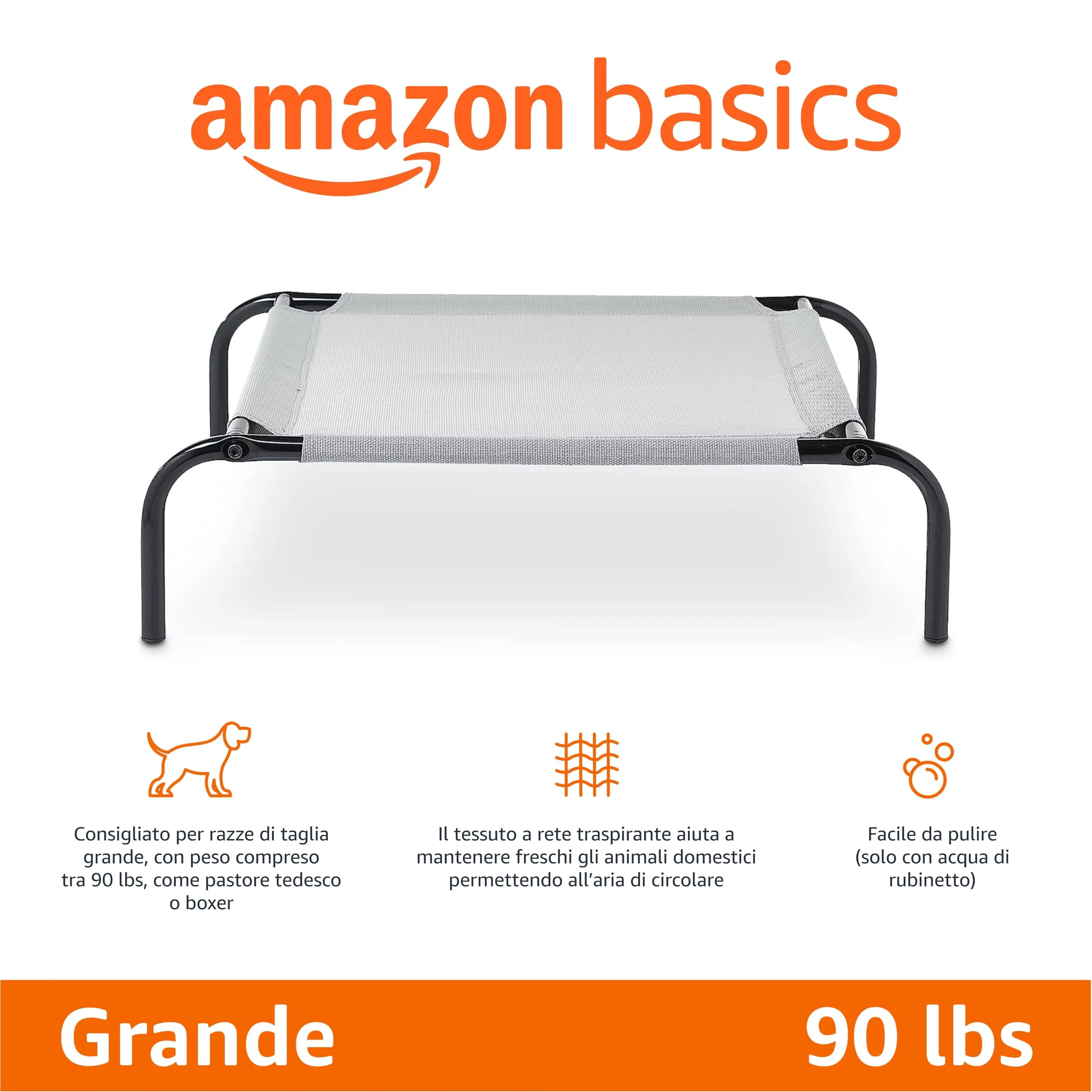 Amazon Basics Lettino Rialzato per Animali Domestici, Stoffa, Grigio, Taglia L (130 x 80 x 19 cm) - immagine 2