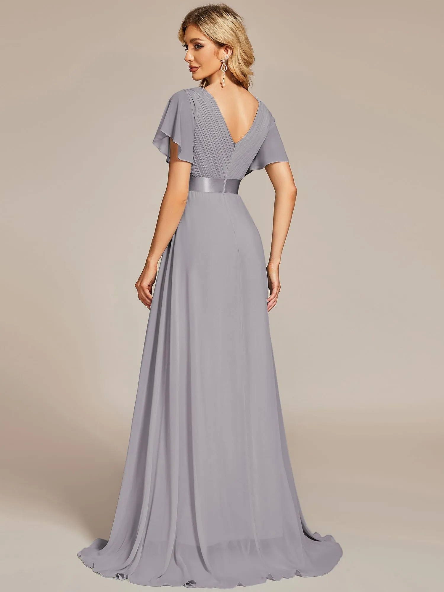 Ever-Pretty Abito Cerimonia Donna a V Linea ad A con Maniche a Volant, Grigio, 46 - immagine 4