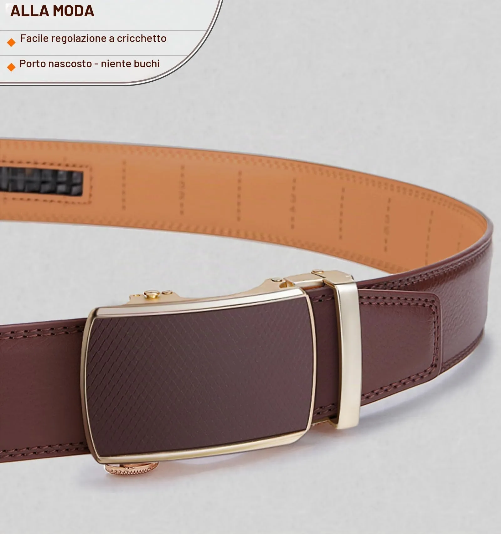 BULLIANT Cintura Uomo in Pelle con Fibbia Automatica a Cricchetto 35mm, Marrone Chiaro, 130cm (Vita 38-44) - immagine 2