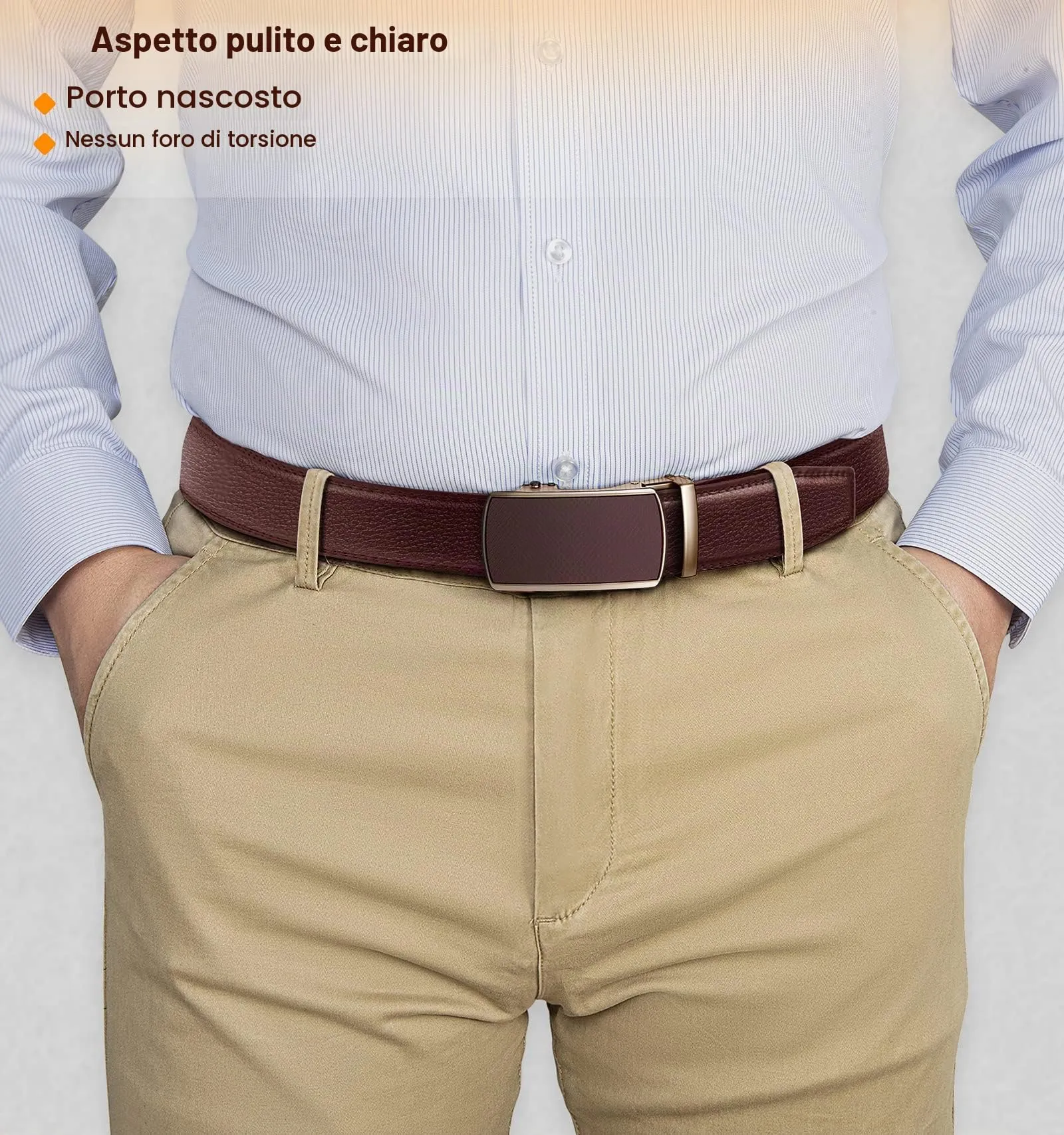 BULLIANT Cintura Uomo in Pelle con Fibbia Automatica a Cricchetto 35mm, Marrone Chiaro, 130cm (Vita 38-44) - immagine 7