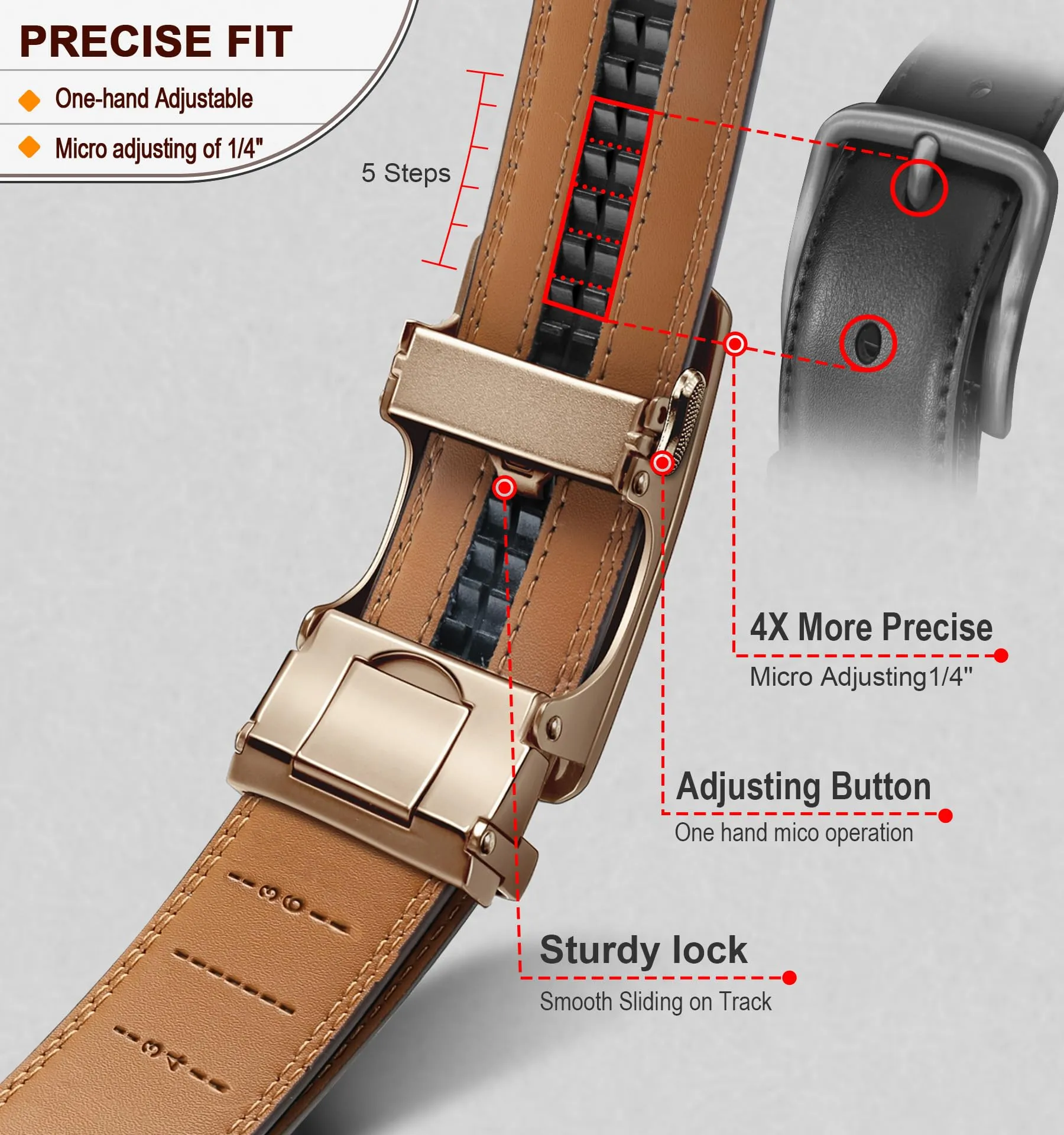 BULLIANT Cintura Uomo in Pelle con Fibbia Automatica a Cricchetto 35mm, Marrone Chiaro, 110cm - immagine 4